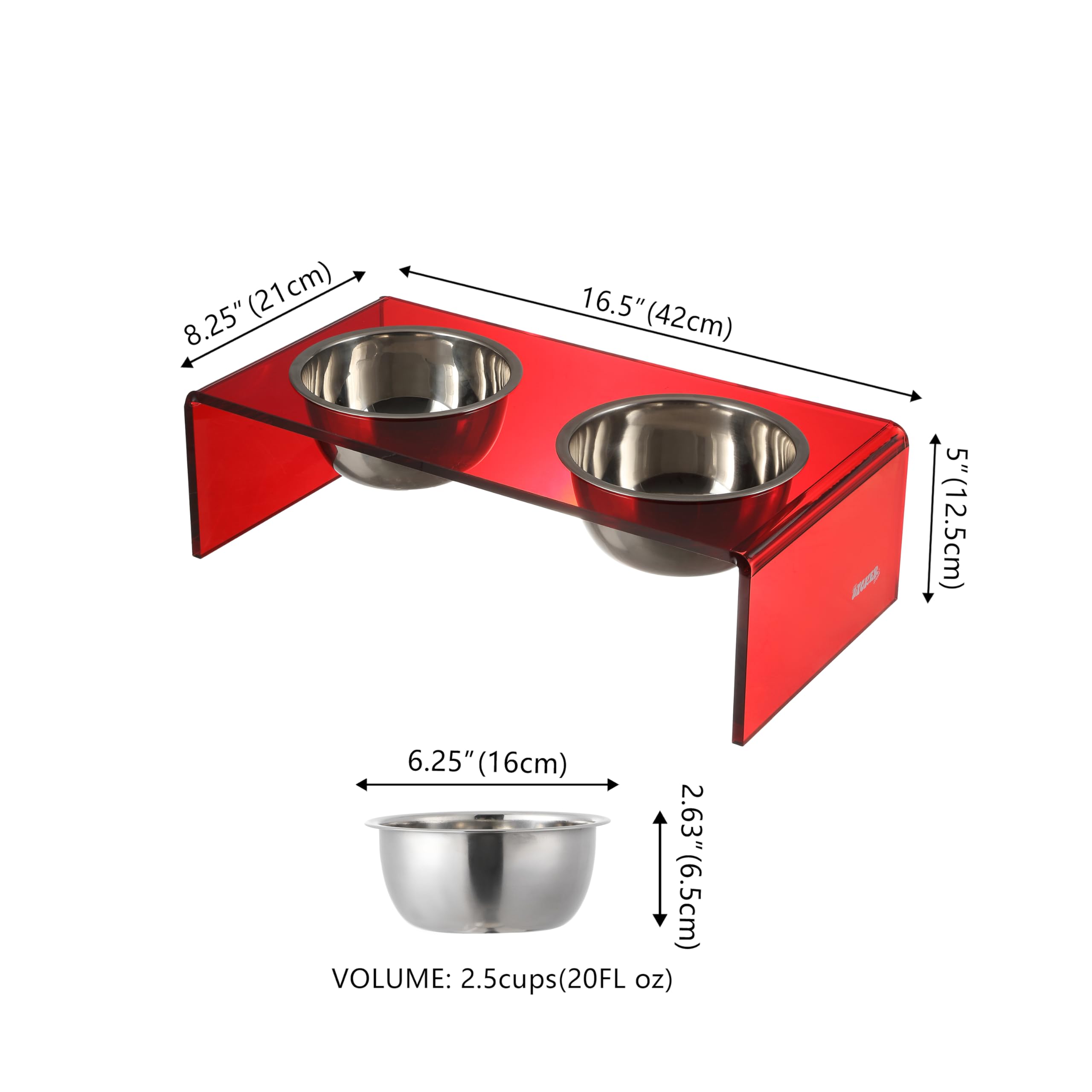 The LICKER Store DBL2000H Keaton 5 Small/Medium Modern Acrylic Rectangular Elevated Pet Feeder with 20oz 2-Stainless Steel Bowls