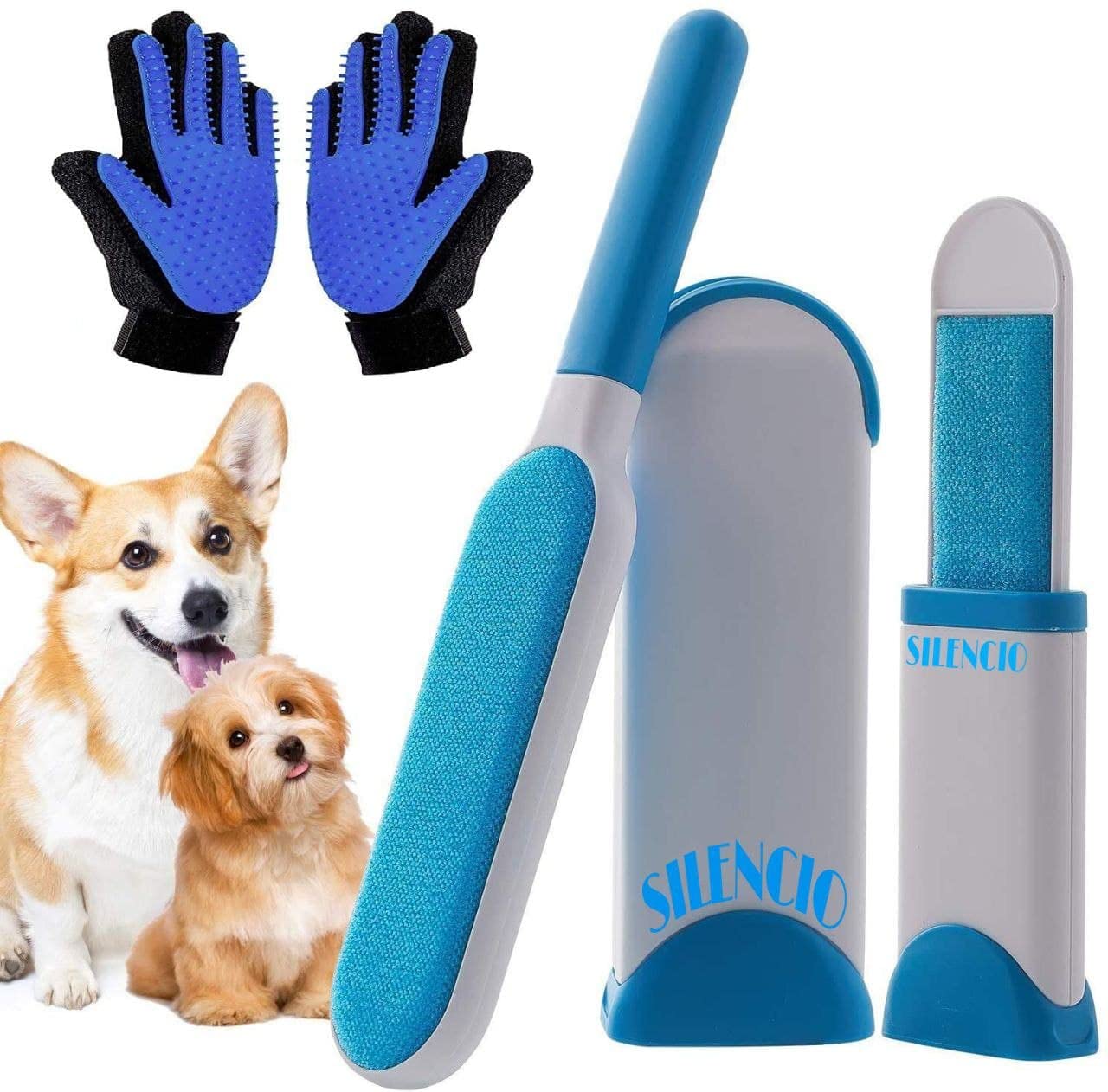 Silencio Pet And Cat Hair Removal Brush With SelfCleaning Base & Grooming Glove Brush, Resuable Double Sided Absorb Efficient A