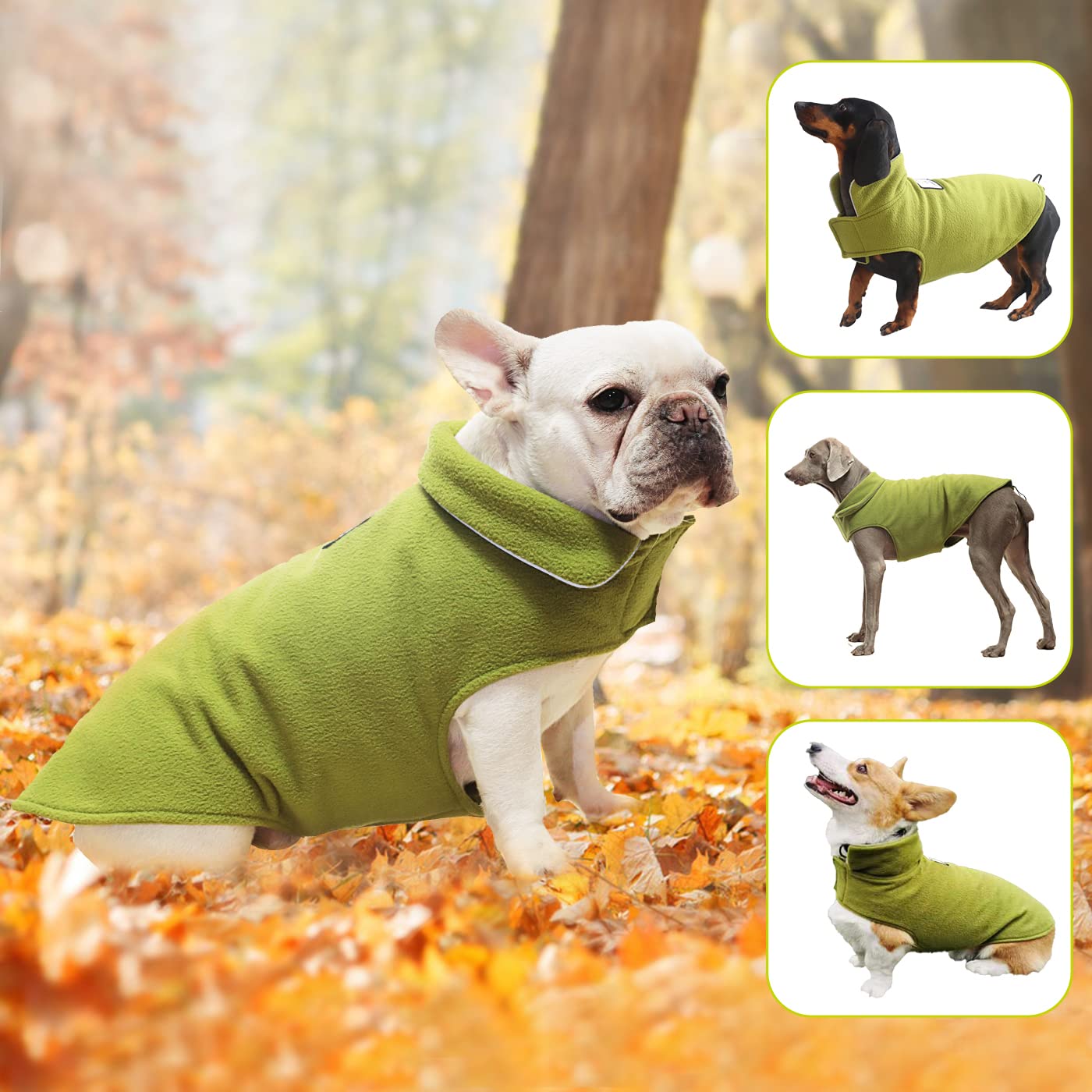 Fleece Dog Coat Pet Jacket Reflective For Cold Weather For Extra Large To Small Pets(Green,S)