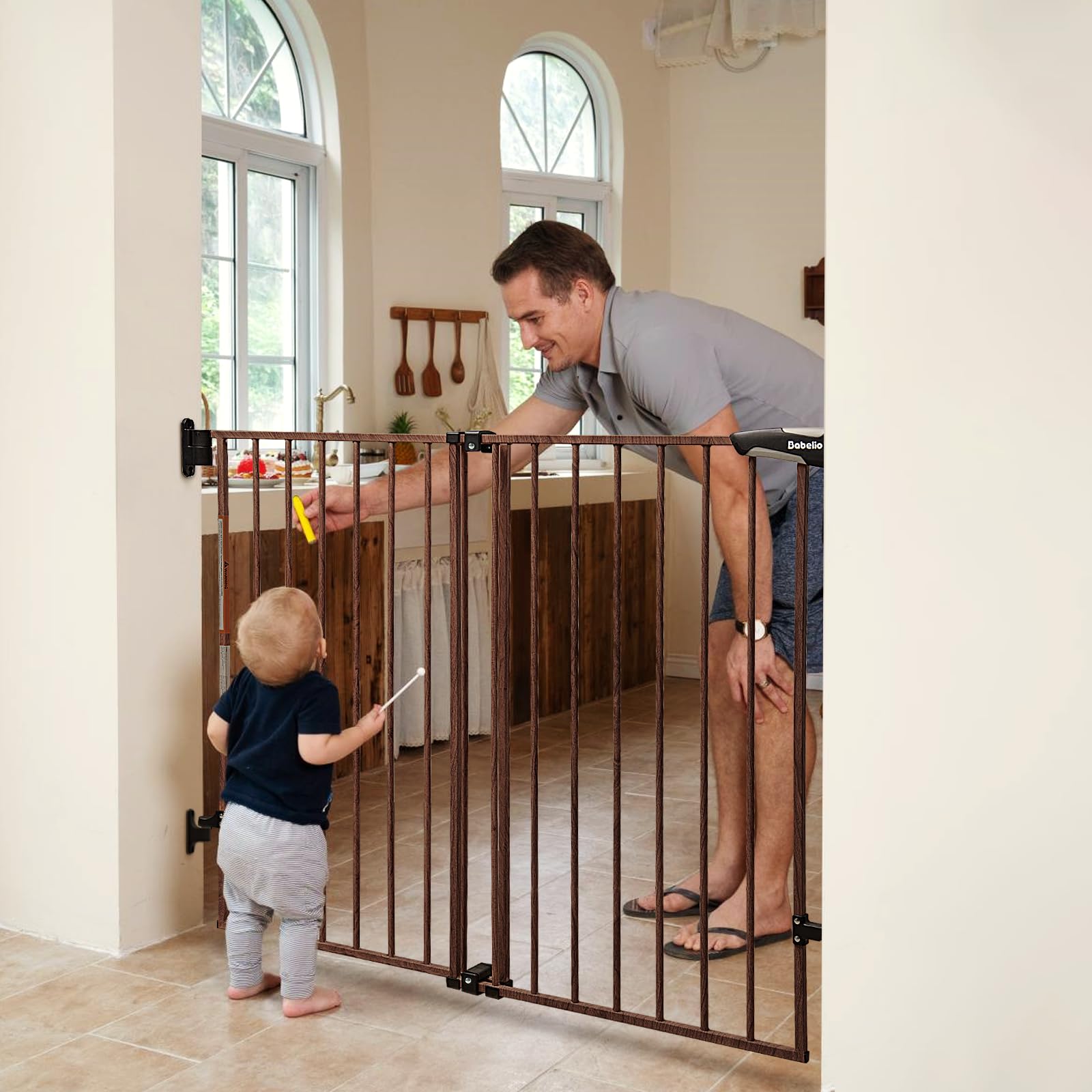 Babelio 34' Extra Tall Baby/Dog Gate With No Threshold Design Walk Thru Door, 26-43' Auto Close Safety Gate For Babies, Elders And Pets, Fits Doorways, Stairs, And Entryways, Black Wood Pattern