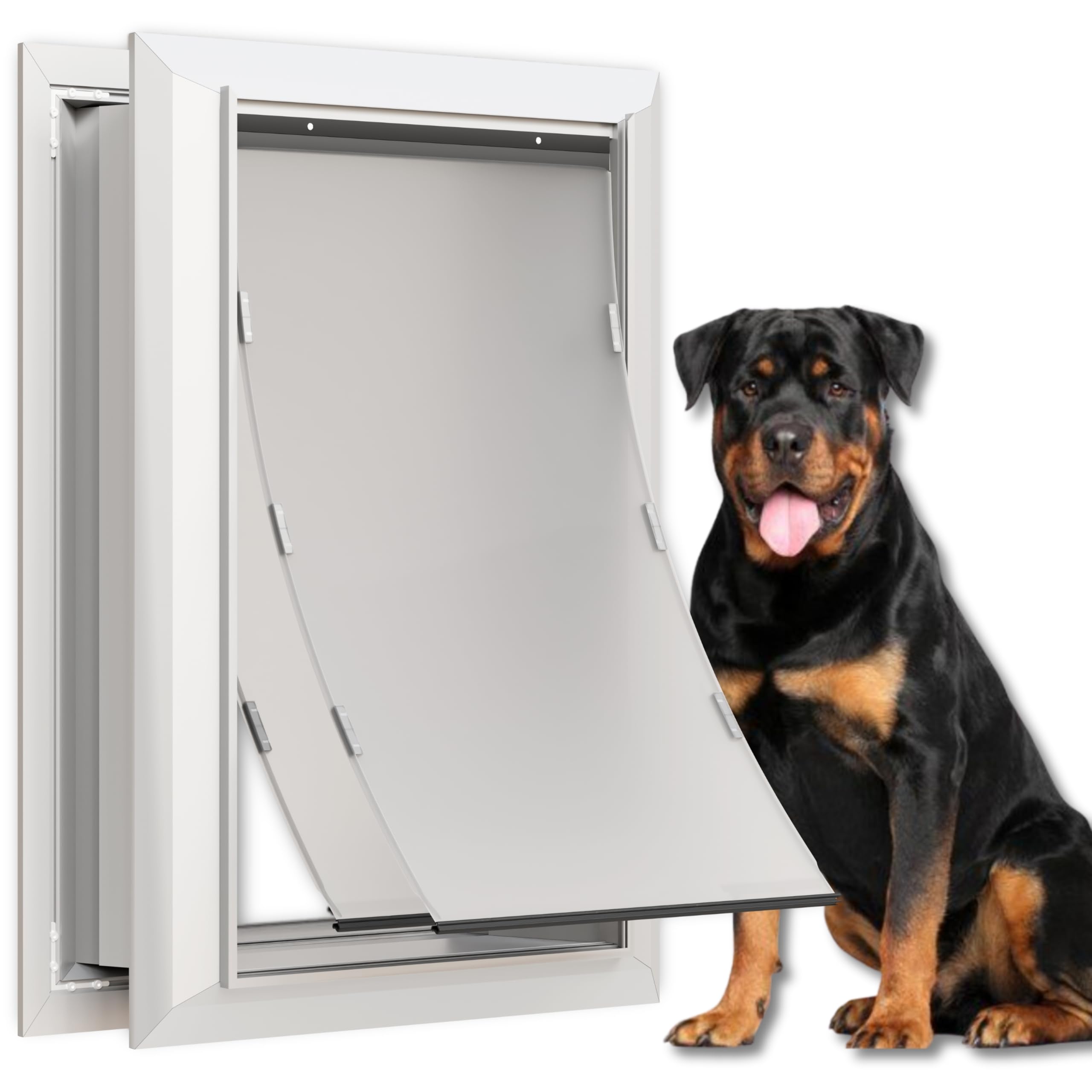 Aluminum Dog Door For Exterior, Cutout Size 14 1/2''W X 25 1/8''H, Heavy Duty Magnetic Double Flap For Extreme Weather, Energy-E