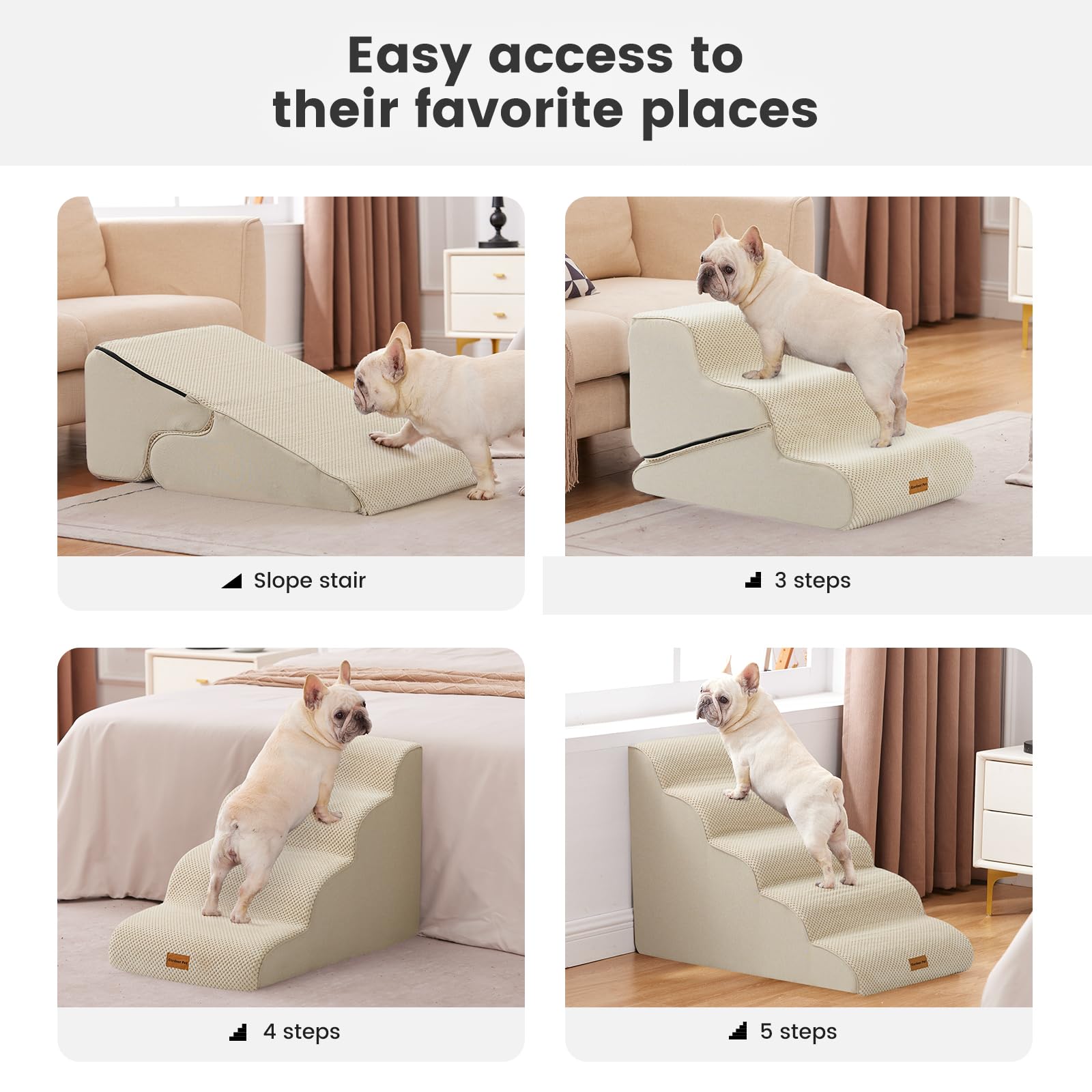 Gardner Pet Dog Stairs for Small Dogs 16.5 H, 2 in 1 Transformable 3-Step Pet Stairs and Dog Ramp for Couch (13-20 in), Beige Ad