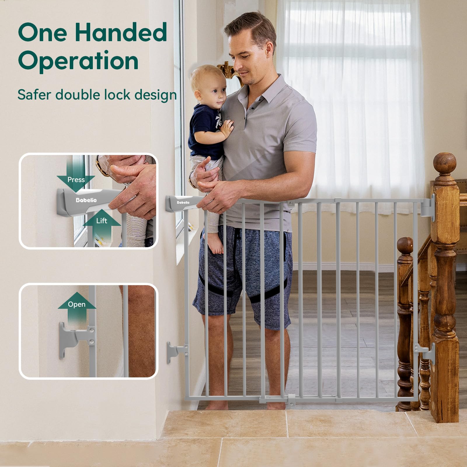 BABELIO 2-in-1 Baby Gate, 26-43" W, 28" H, Gray Alloy Steel, Hardware Mount, Large Walk Thru Door for Babies, Elders,