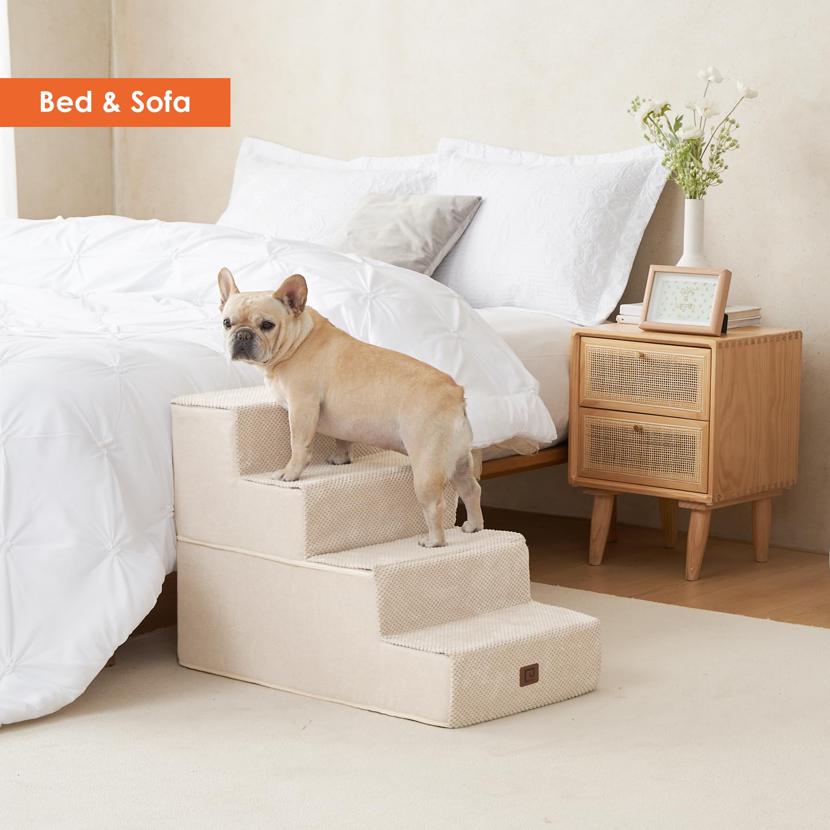 Eheyciga Dog Stairs For Bed 20”H, 4-Step Extra Wide Dog Steps For High Bed, Pet Steps For Small Dogs And Cats, Non-Slip Balanced Dog Indoor Ramp, Beige