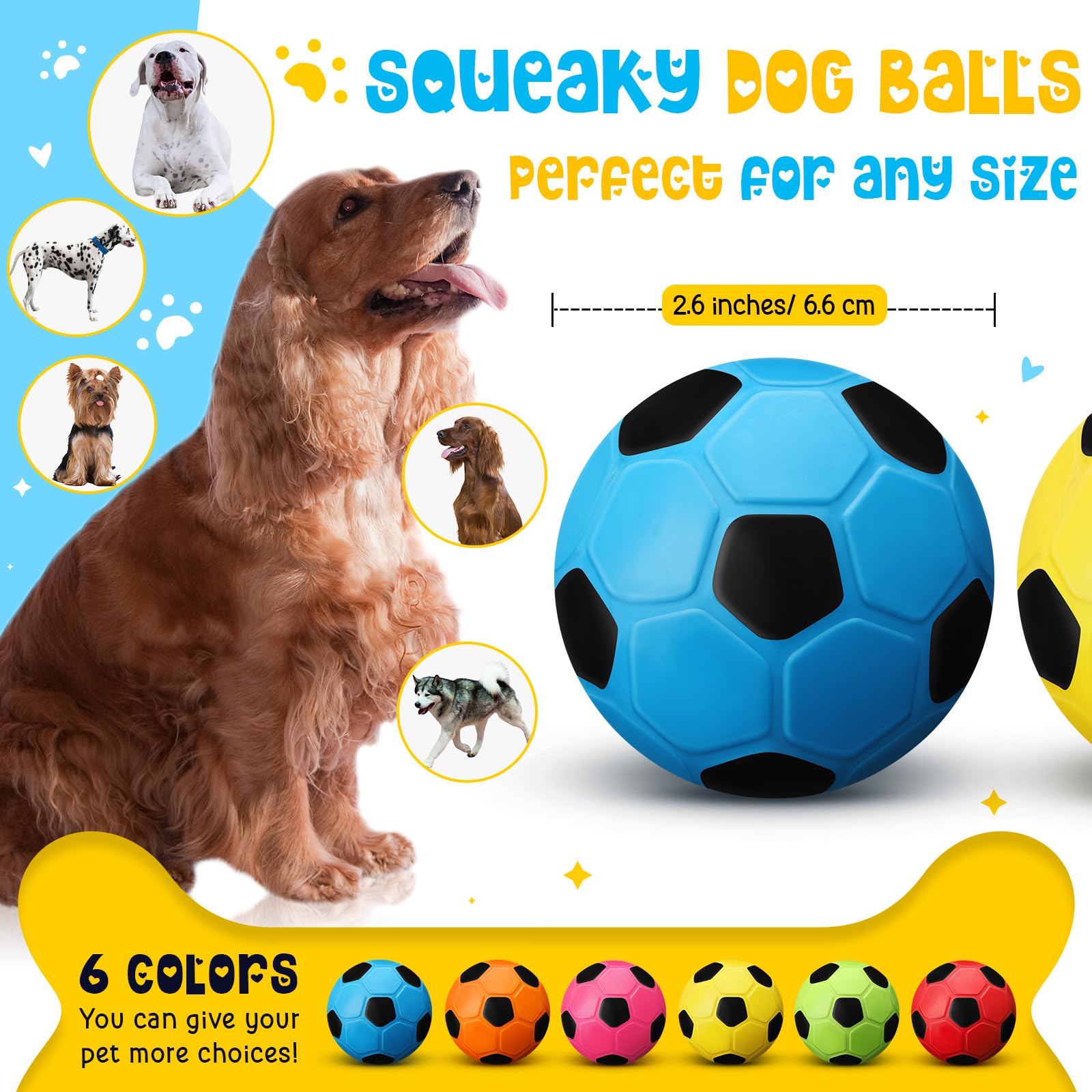 Vinsot 6 Pack 2.6' Squeak Latex Dog Toy Ball Soft Durable Chew Puppy Soccer Toy Rubber Fetch Interactive Dog Ball For Small Med