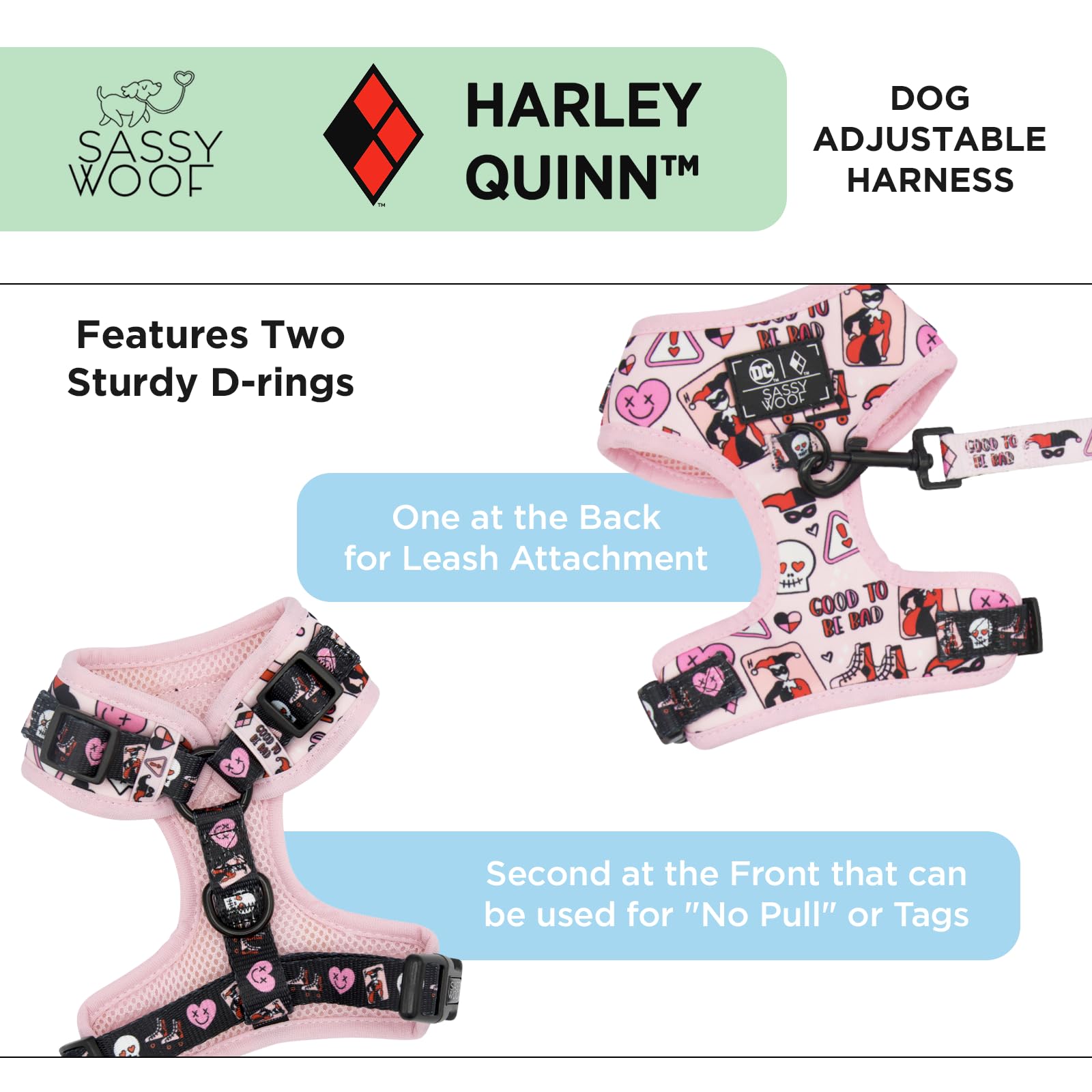 Sassy Woof Dog Adjustable Harness - Harley Quinn - Xl, Breathable Mesh, No Pull Design With Two D-Rings, Patented Design, Perfec