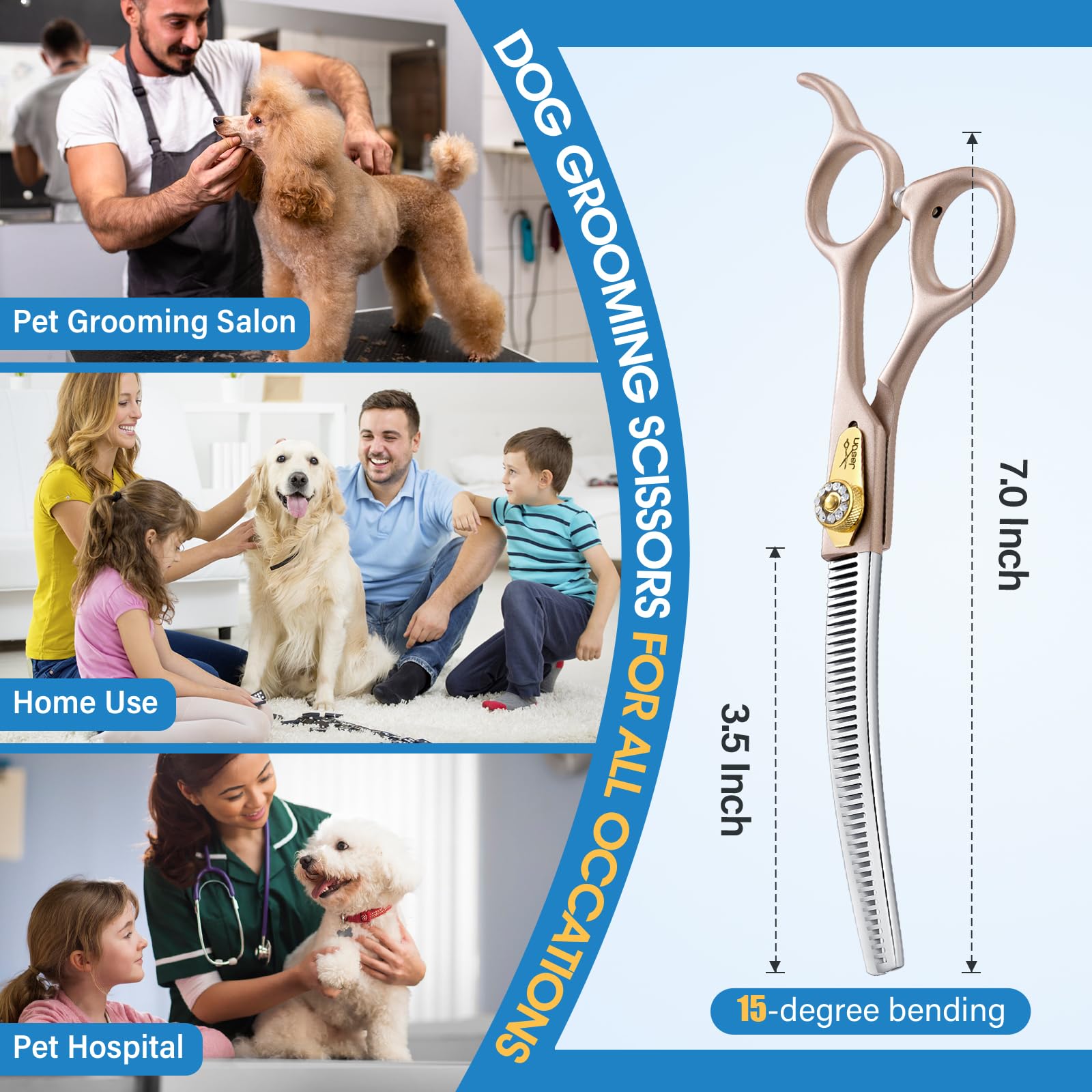 JASON 7” Curved Thinning Shears - Professional Dog Grooming Scissors, 440C Stainless Steel, Adjustable Screws, 20%-25% Thinning Rate