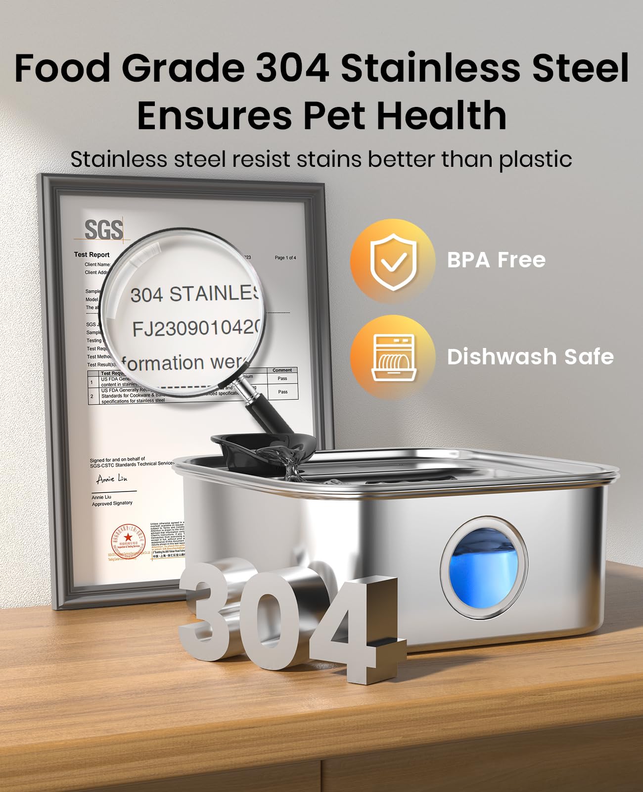 oneisall Dog Water Fountain, 2.6Gal/10L Stainless Steel Dog Water Bowl Dispenser with Deeper Drinking Aera & Washable Filter, Ul