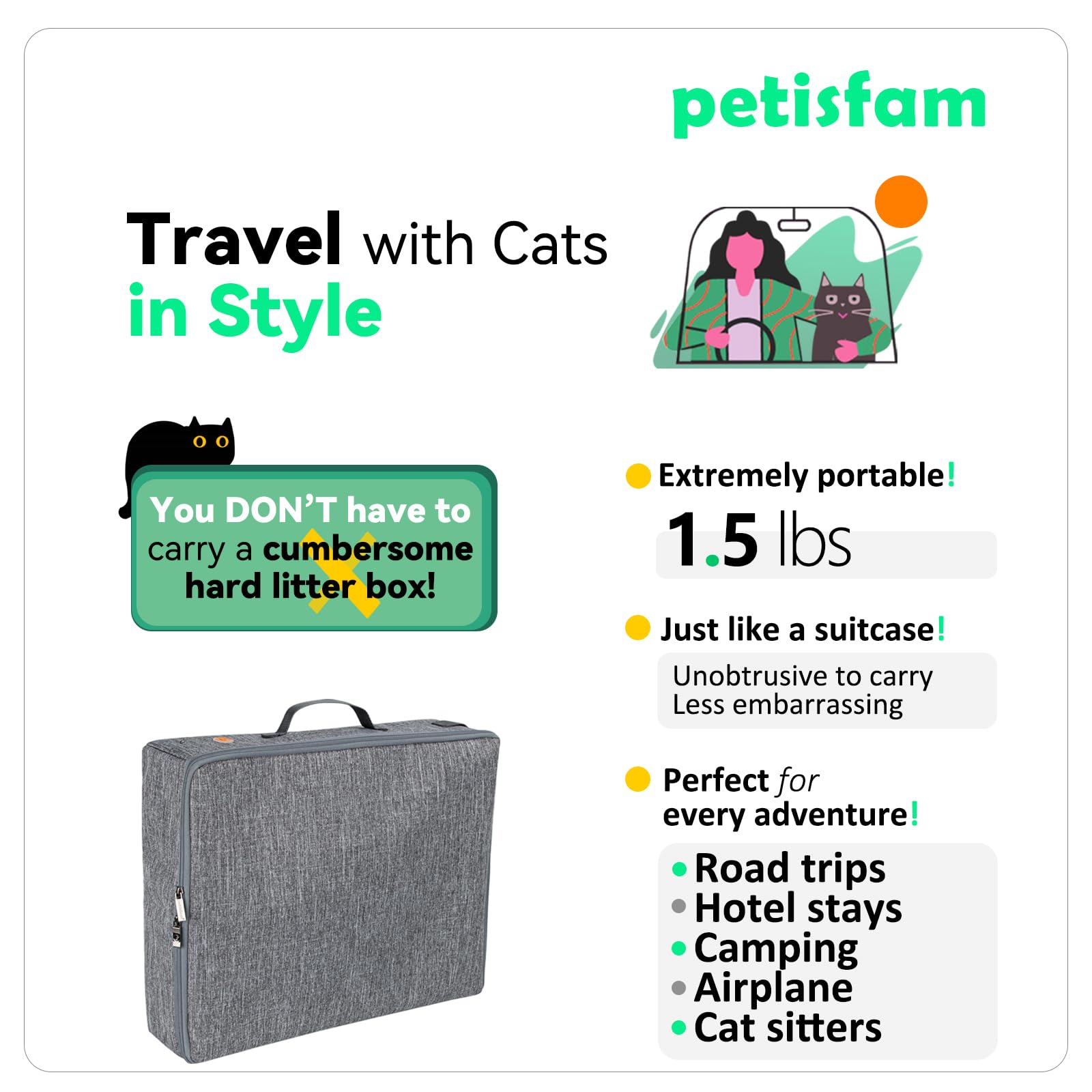 Large Portable Cat Travel Litter Box with Leak-Proof Zipped Lid to Keep Odor and Litter Contained. Lightweight to Carry Around G