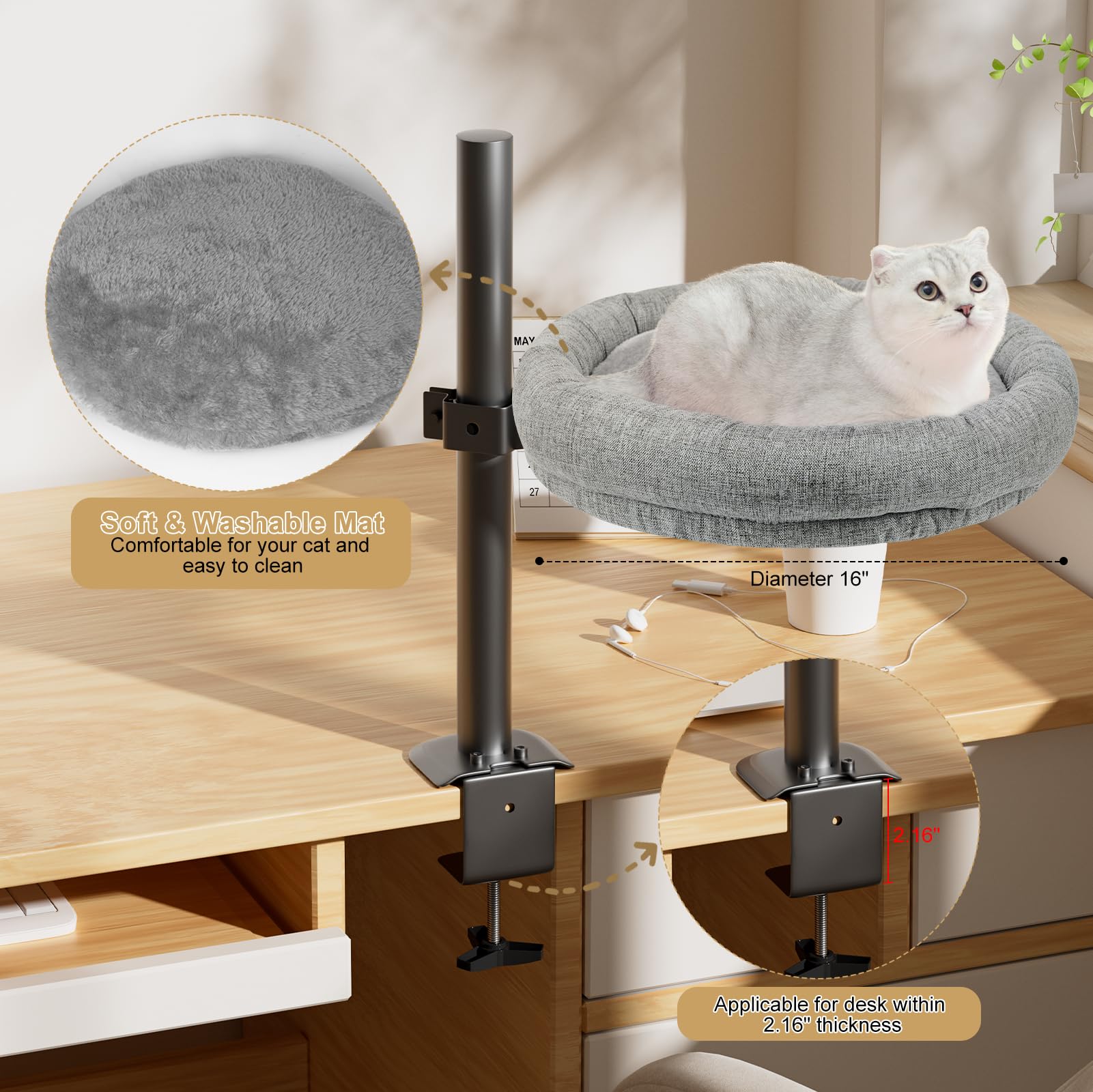Cuipingoo Cat Bed - Desk Cat Nest With 360 Rotation & Adjustable Height - Soft & Comfortable - Indoor Cats Up To 40 Lbs (Grey)