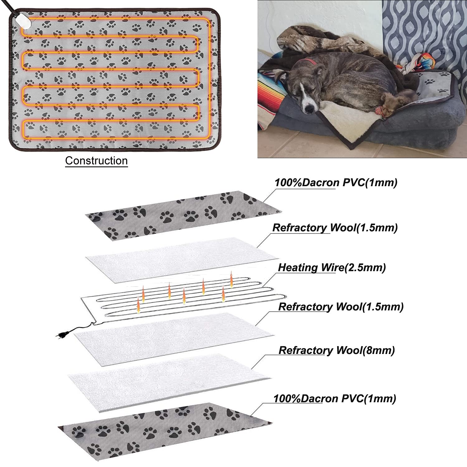 DEOMAN Pet Heating Pad - Large Dog & Cat Heated Bed, 34"x21", Grey, Water & Chew Resistant, Soft Washable Cover