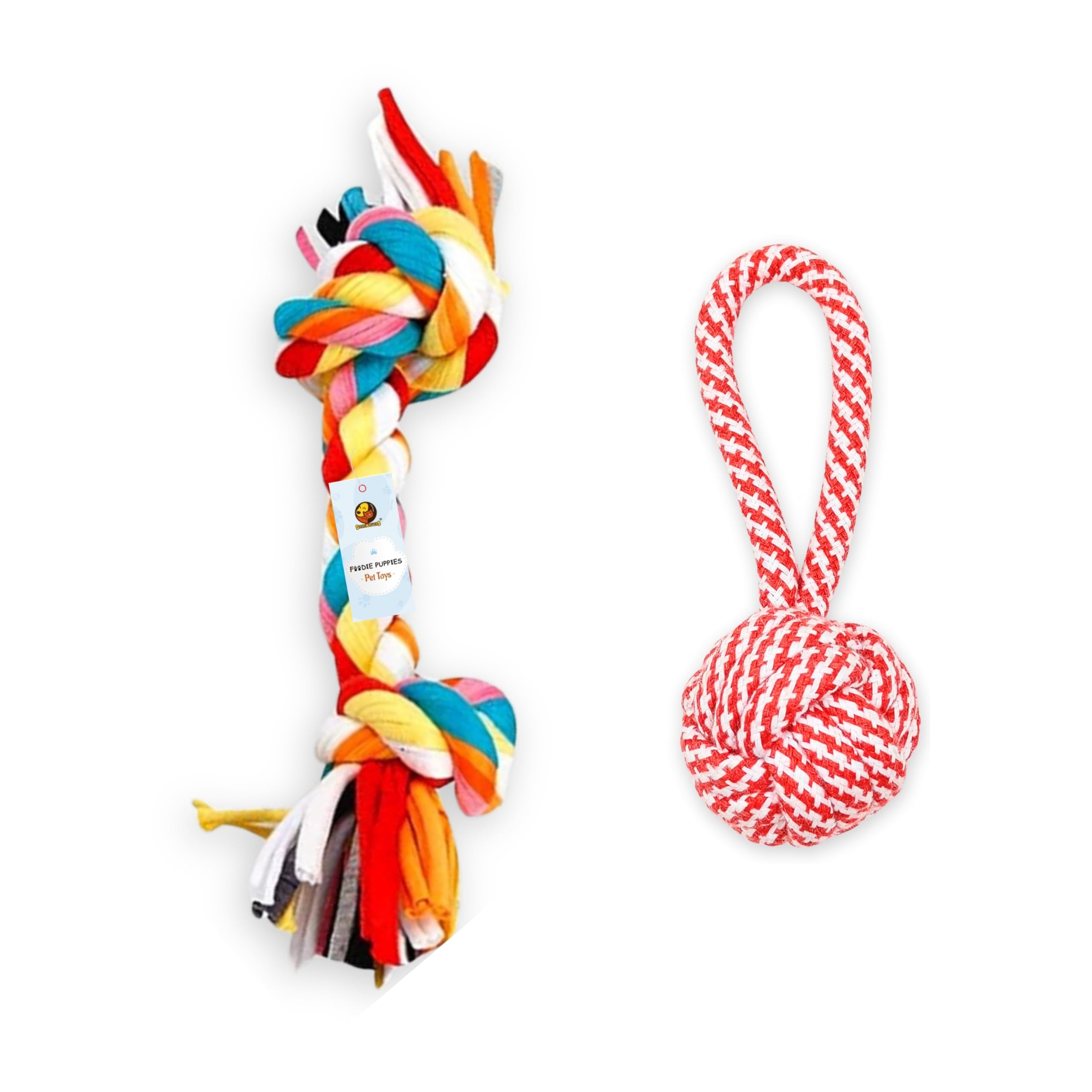 Foodie Puppies Durable Cotton Rope Chew Toy Combo  2Knot  Handle Ball Rope (Color May Vary) | Chewing, Teething, And Training 