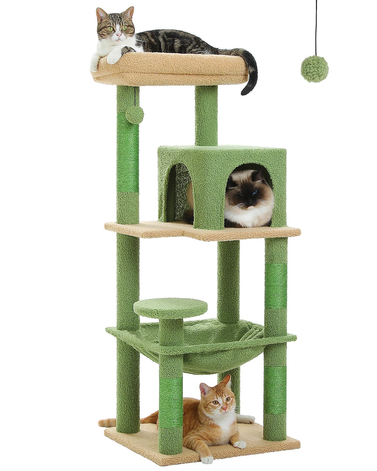 Muttros Cactus Cat Tree For Indoor Cats, 45.7' Multi-Level Cat Tower With Large Metal Frame Hammock, Cat Condo With 4 Scratching Posts And Top Perch For Small Medium Cat, Green