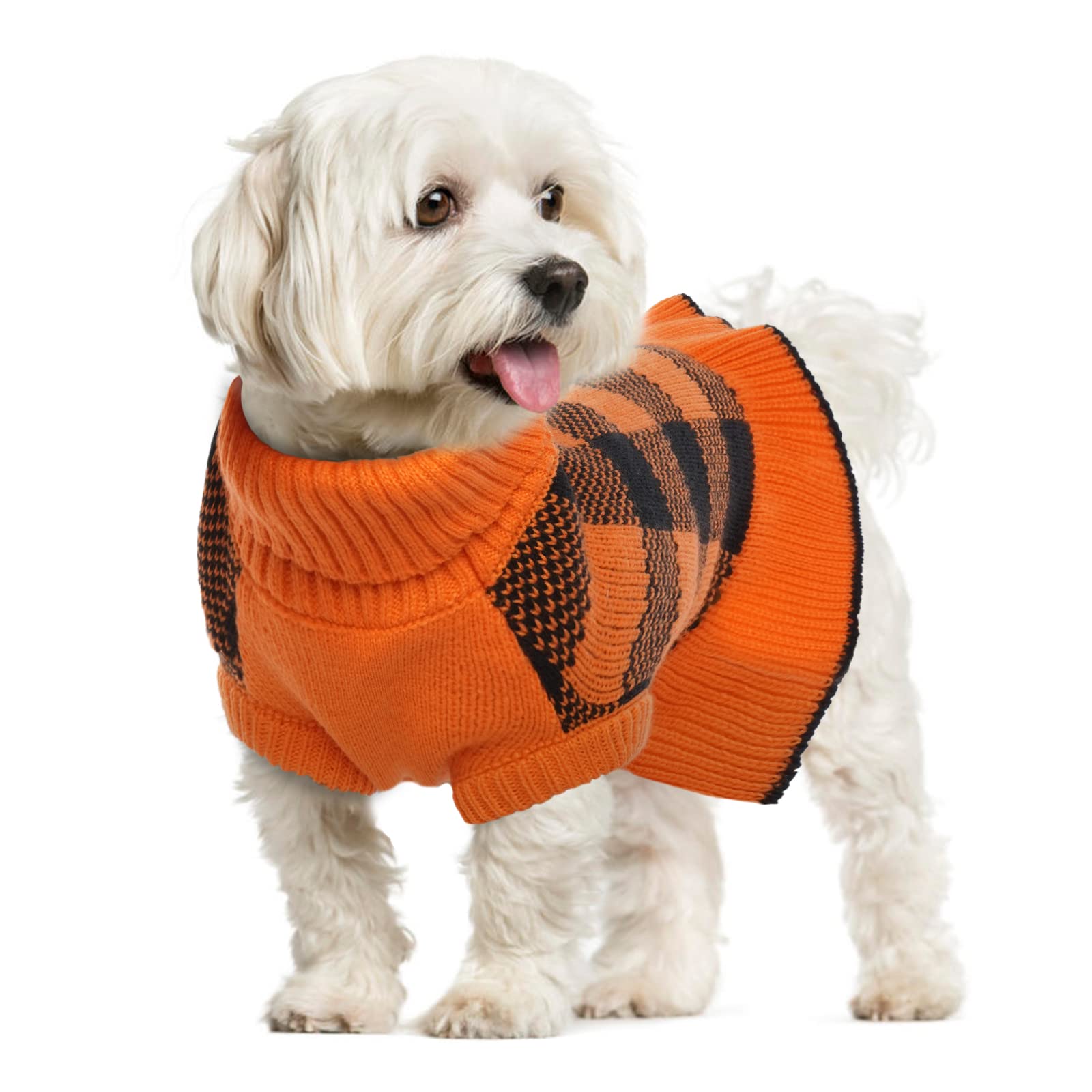 Lelepet Dog Sweater Dress - Turtleneck Pullover Knitwear, Warm Plaid Halloween Sweater For Small To Large Dogs, Yorkies, Orange,