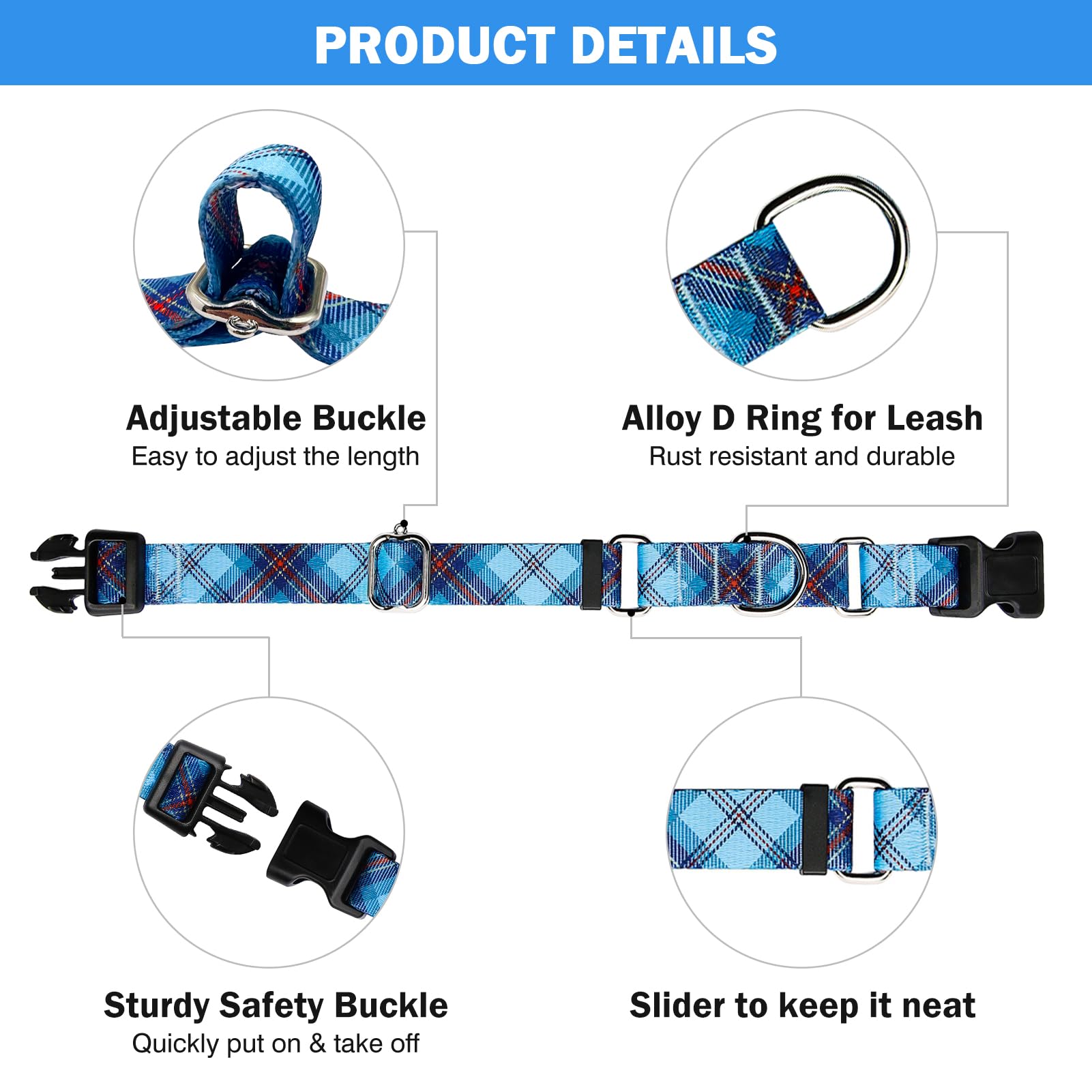 Hikiko Dog Collar For Small Medium Large Dogs, Adjustable Nylon Martingale Collars With Quick Release Buckle (Blue Plaid,M)