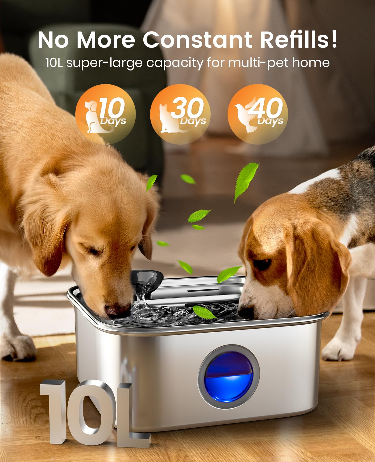 oneisall Dog Water Fountain, 2.6Gal/10L Stainless Steel Dog Water Bowl Dispenser with Deeper Drinking Aera & Washable Filter, Ul