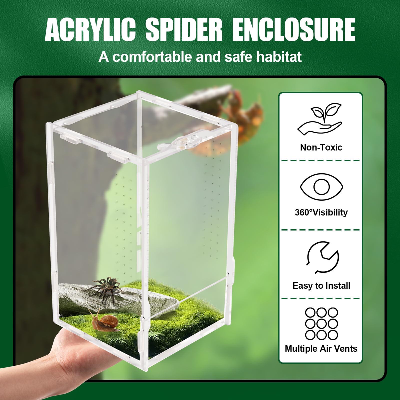 Swirge Transparent Jumping Spider Enclosure, Acrylic Reptile Terrarium Enclosure, Small Reptiles Habitat Tank Breeding Box For T