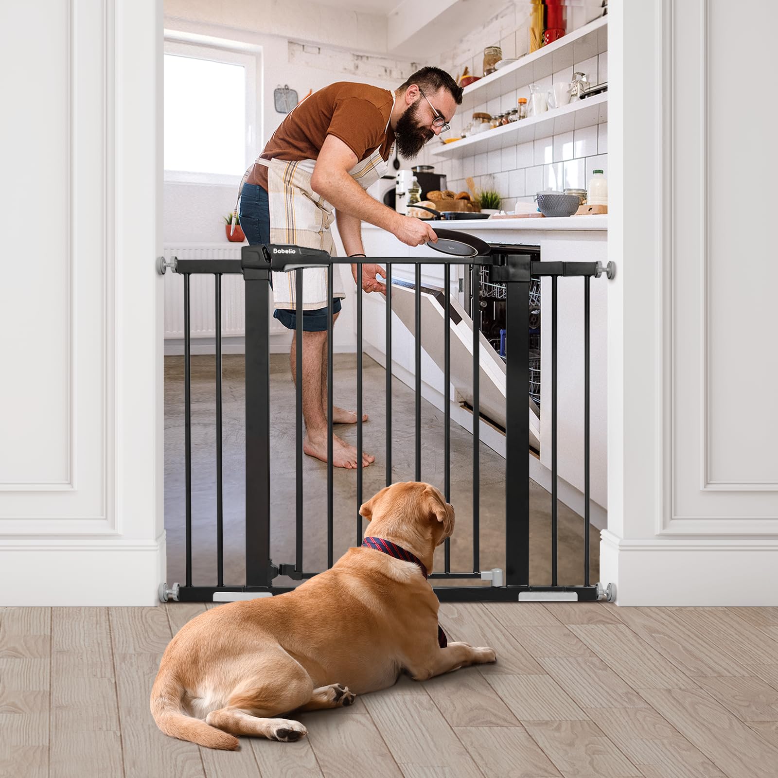 Babelio Metal Baby Gate, 29-43'' Auto Close Easy Install Pet Gate, Extra Wide Walk Thru Child Safety Gate, 30'' Tall Pressure Mounted Dog Gate For Doorways & Stairs, Black