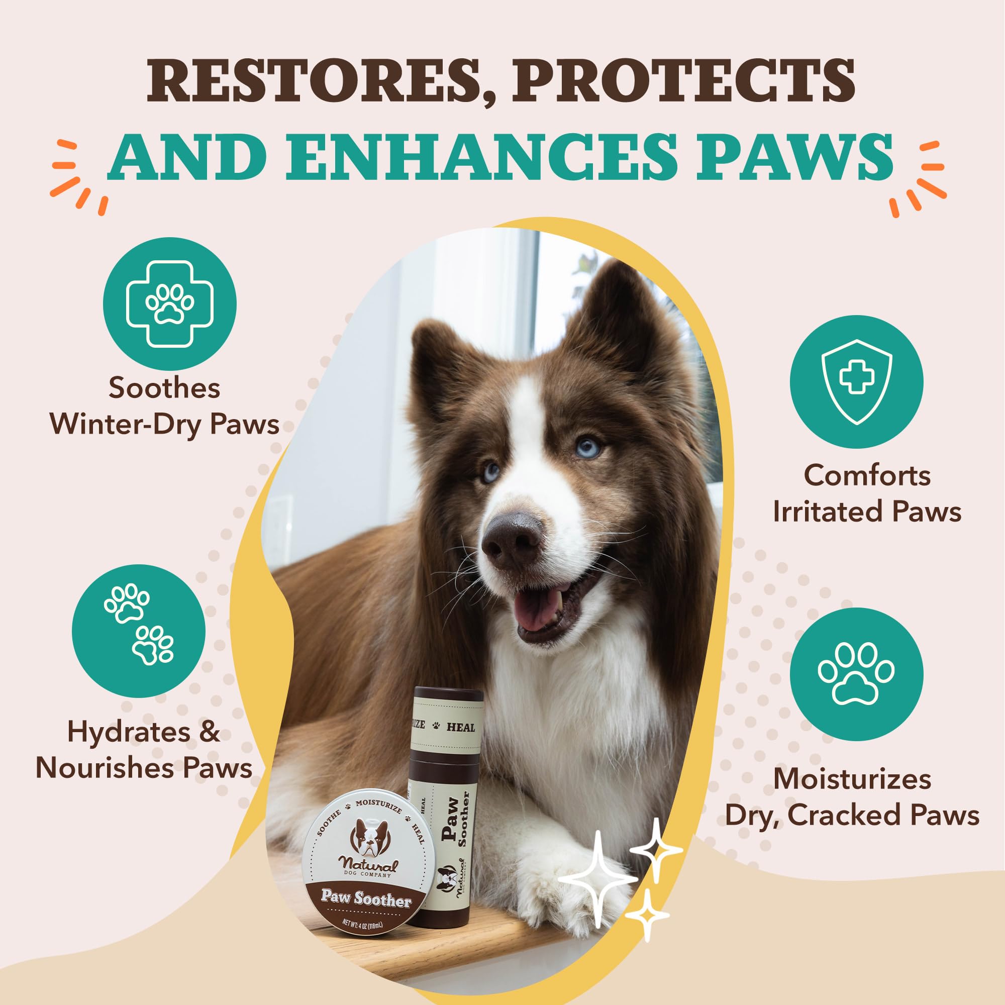 Natural Dog Company Paw Soother Balm, 4 oz. Tin, Dog Paw Cream and Lotion, Moisturizes & Soothes Irritated Paws & Elbows, Protec