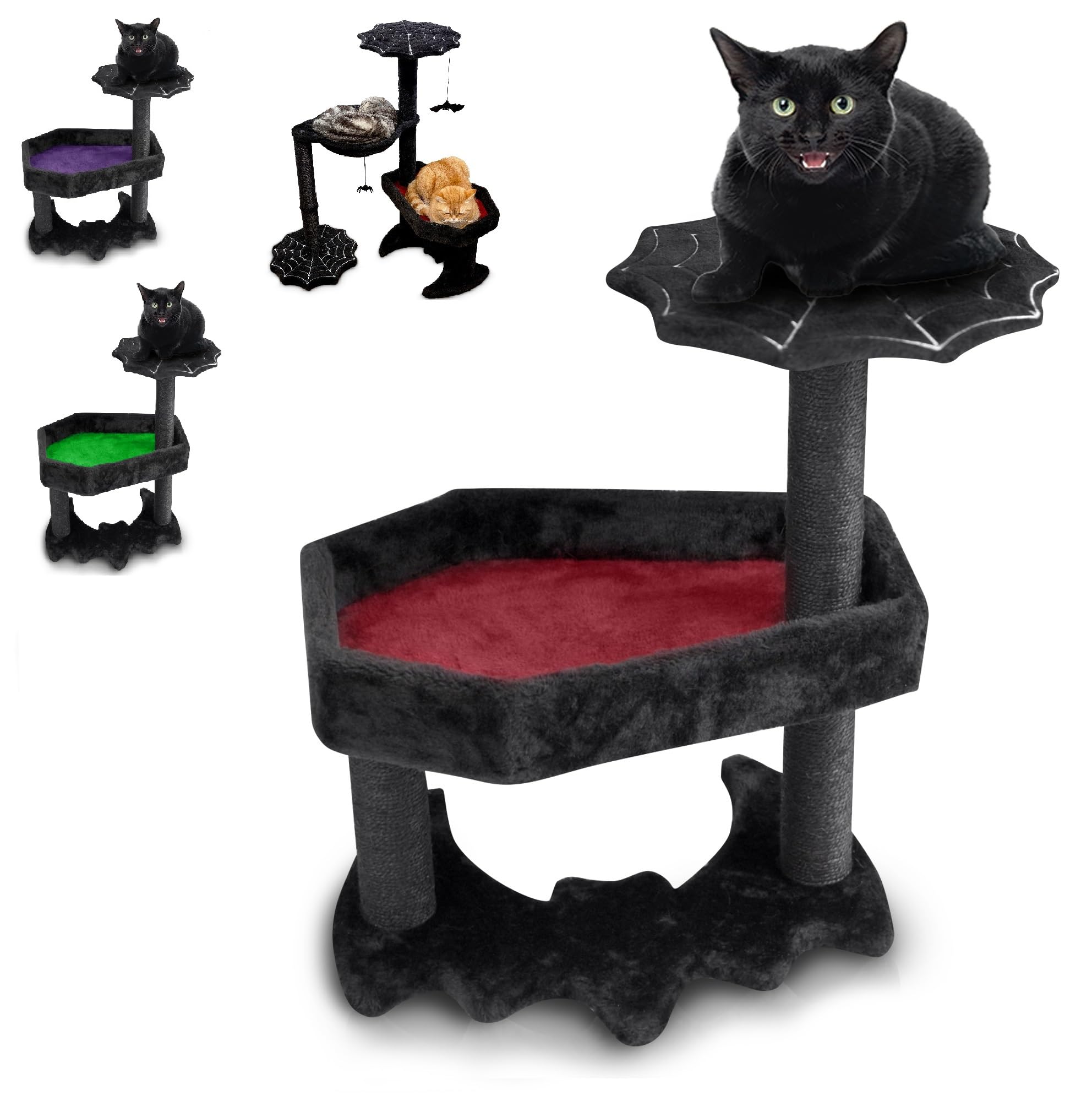 Gothic Cat Tree With Coffin Cat Bed, Gothic Cat Tower, Coffin Cat Tree With Sisal Scratching Posts For Halloween Cat, Small Size, Black With Red Littlesy