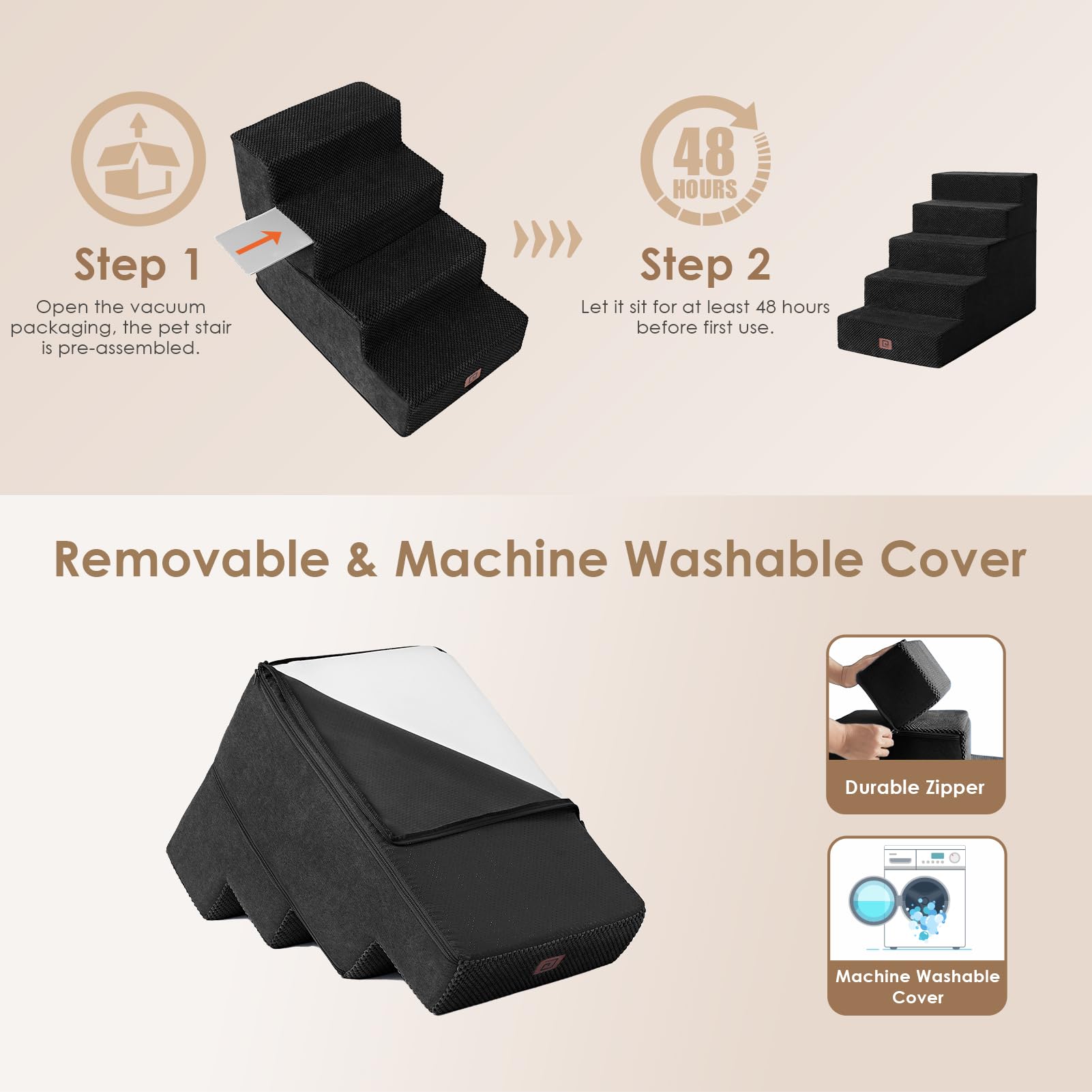 Eheyciga Dog Stairs For High Bed 22.5”H, 5-Step Dog Steps For Bed, Pet Steps For Small Dogs And Cats, Non-Slip Balanced Dog Indoor Ramp, Black
