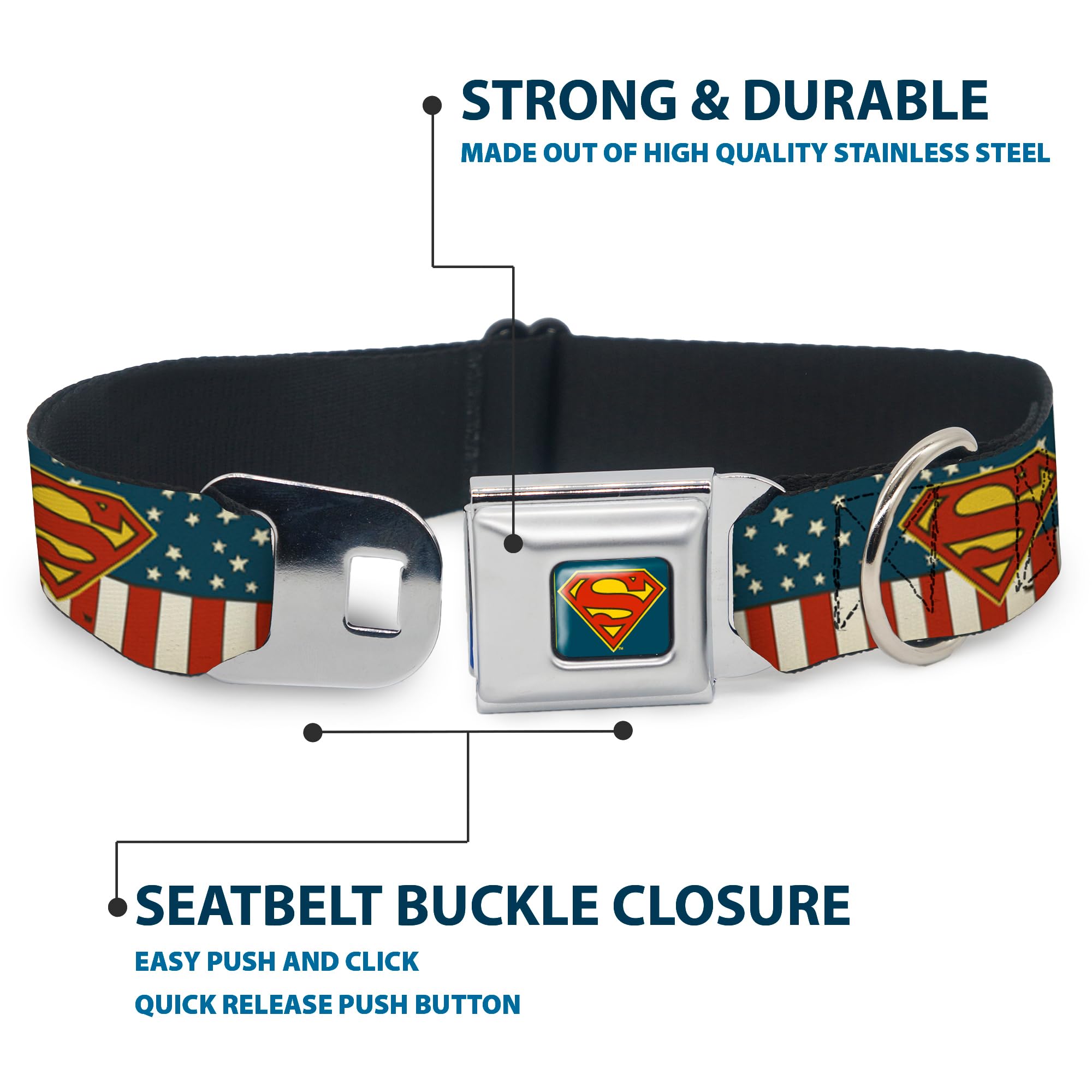 Buckle-Down Seatbelt Buckle Dog Collar - Superman Shield Americana Red/White/Blue/Yellow - 1.5' Wide - Fits 16-23' Neck - Medi