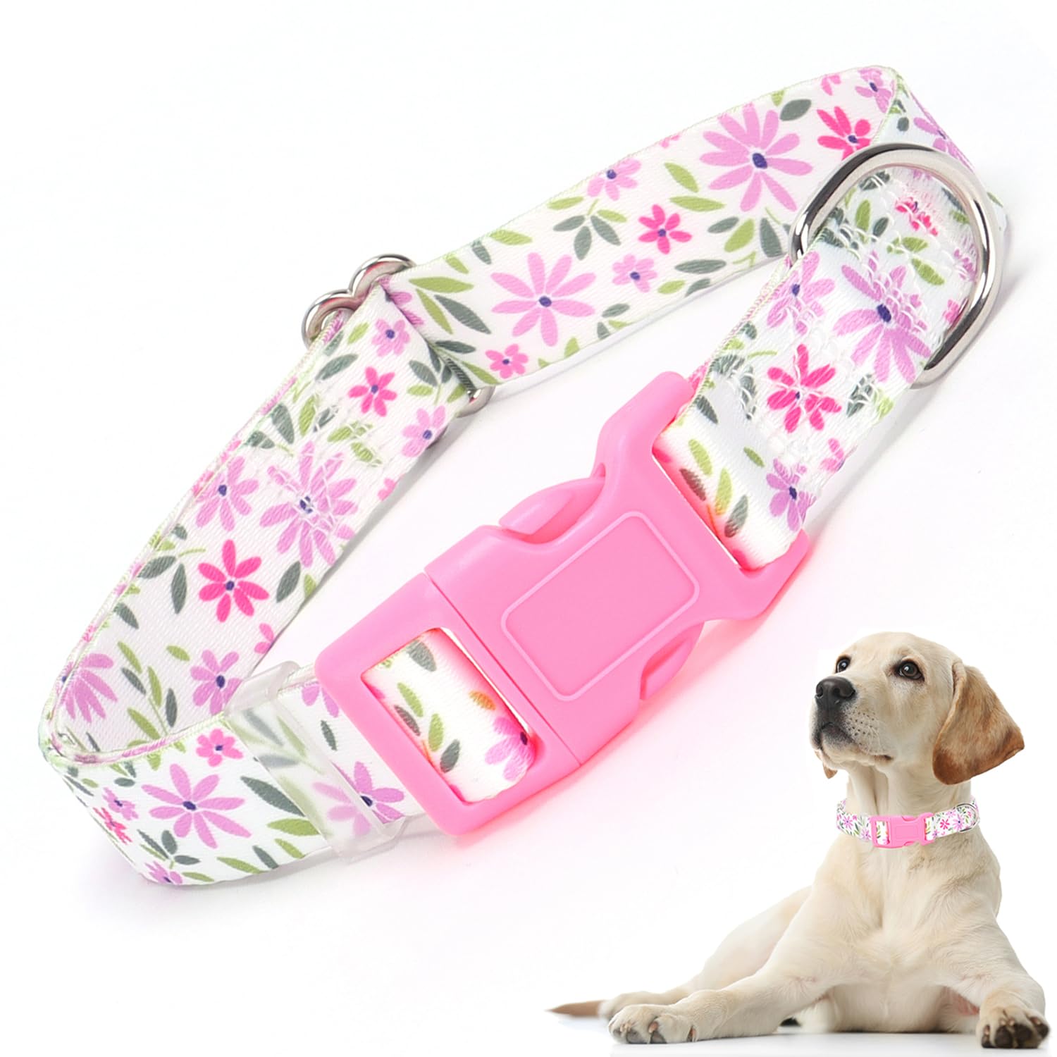 Dog Collars For Medium Dogs, Dog Collar With Flowers Patterns, Adjustable Comfy Soft Pet Collar For Small Medium Large Dogs (Flo