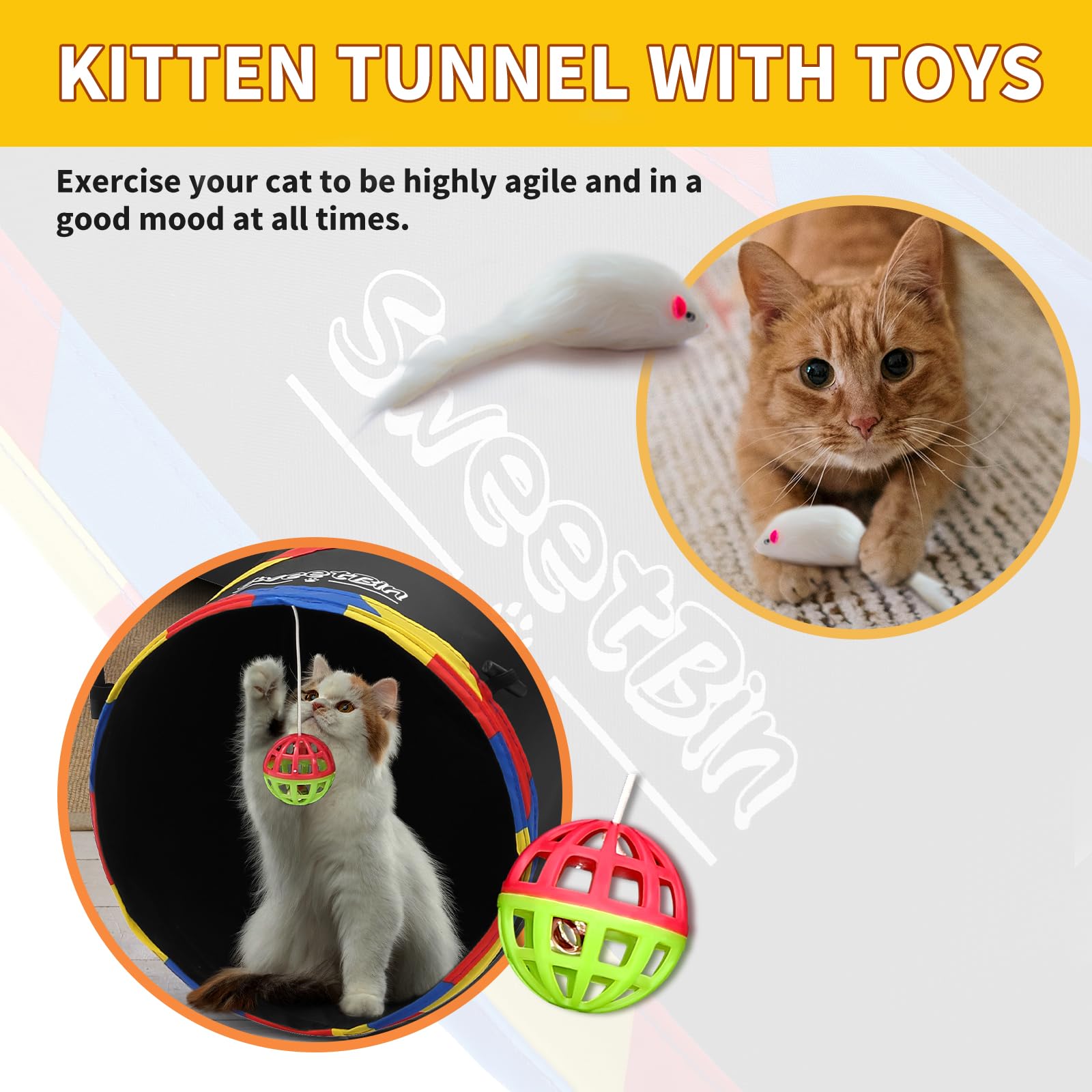 SweetBin Cat Tunnel Toy - 4 Way Large 47" Indoor Cat Tube, 10" Diameter, Black with Play Ball & Mouse