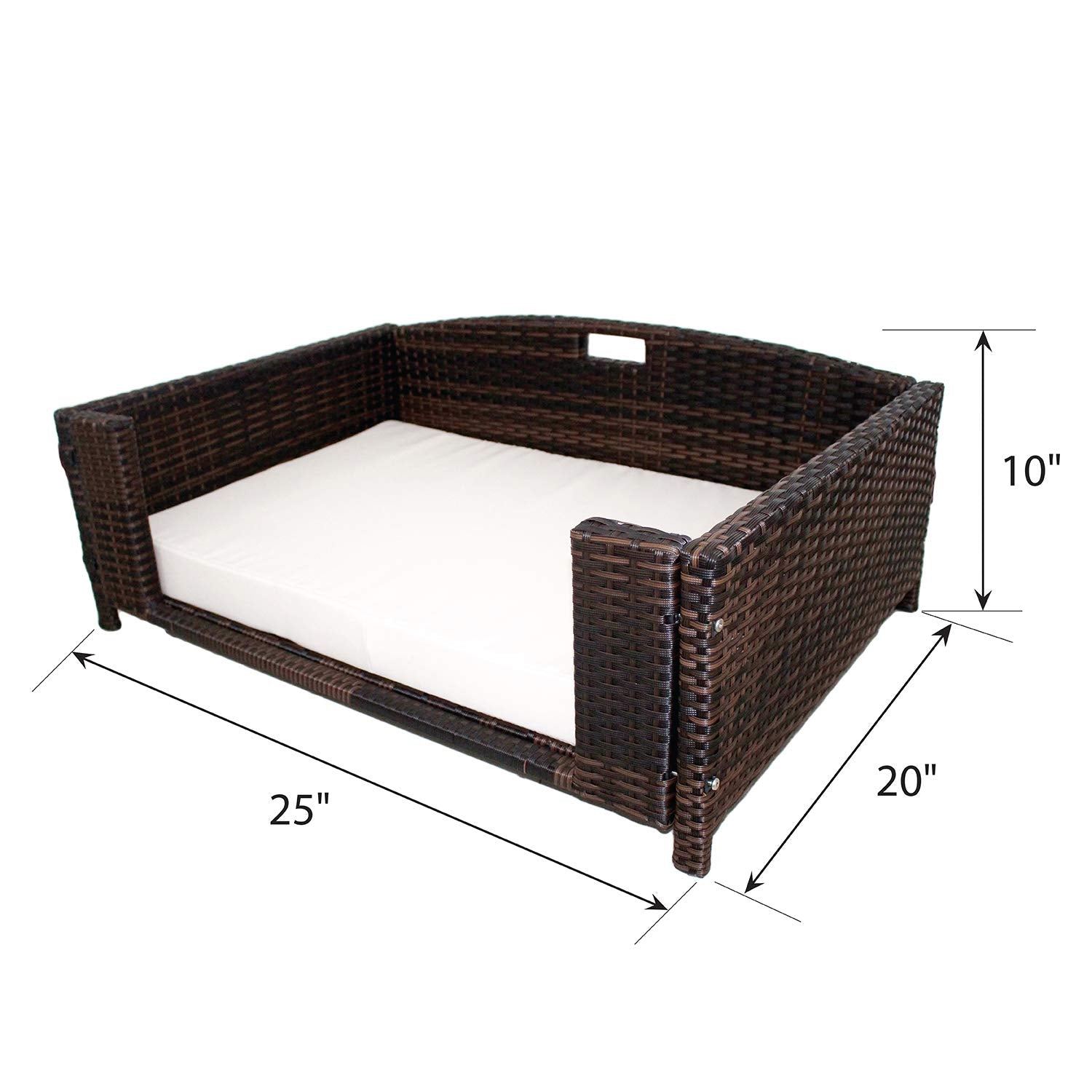 Iconic Pet Rectangular Rattan/Wicker Pet Bed, Metal Frame Indoor/Outdoor Furniture Pet Sofa/Couch For Dogs & Cats, Woven Rattan Dog Bed Water Resistant, Machine Washable Cushion Cover -Small