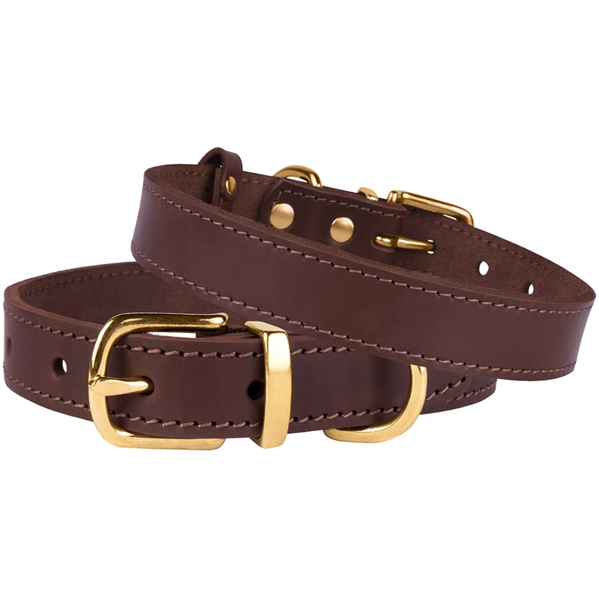 Bronzedog Leather Dog Collar With Metal Buckle Durable Basic Pet Collars For Small Medium Large Dogs (19-21 Inch (Pack Of 1), Dark Brown & Gold Buckle)
