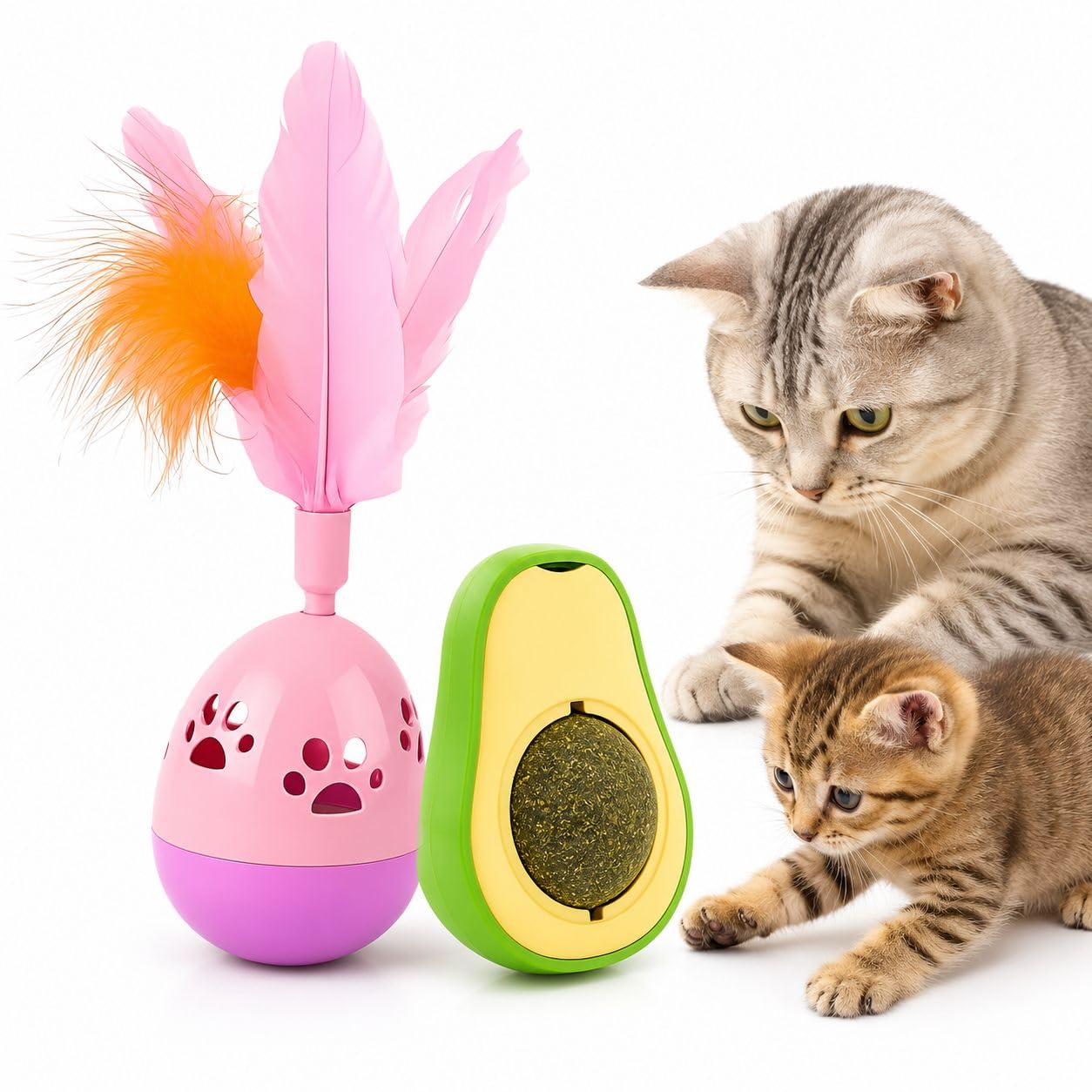Petkartel Catnip Avocado Toy Rolling Tumbler Combo | Wall Licking Ball Feather Teaser Kit Kittens Felines | Interactive Play Enr