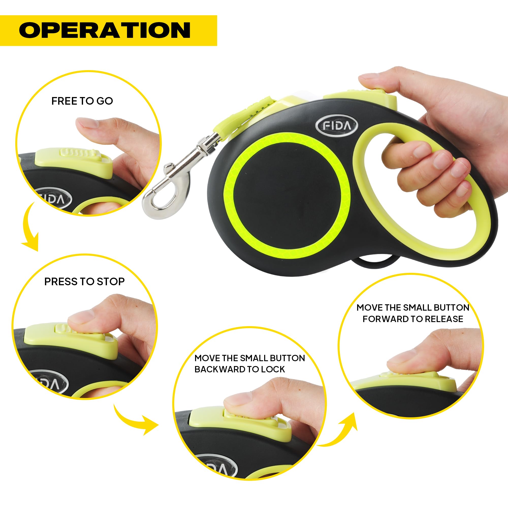 Fida Retractable Dog Leash, Reflective 16Ft Heavy Duty Pet Walking Leash For Medium/Large Dog Up To 44 Lbs, Tangle Free. One-Hand Brake (Medium, Neon Yellow)