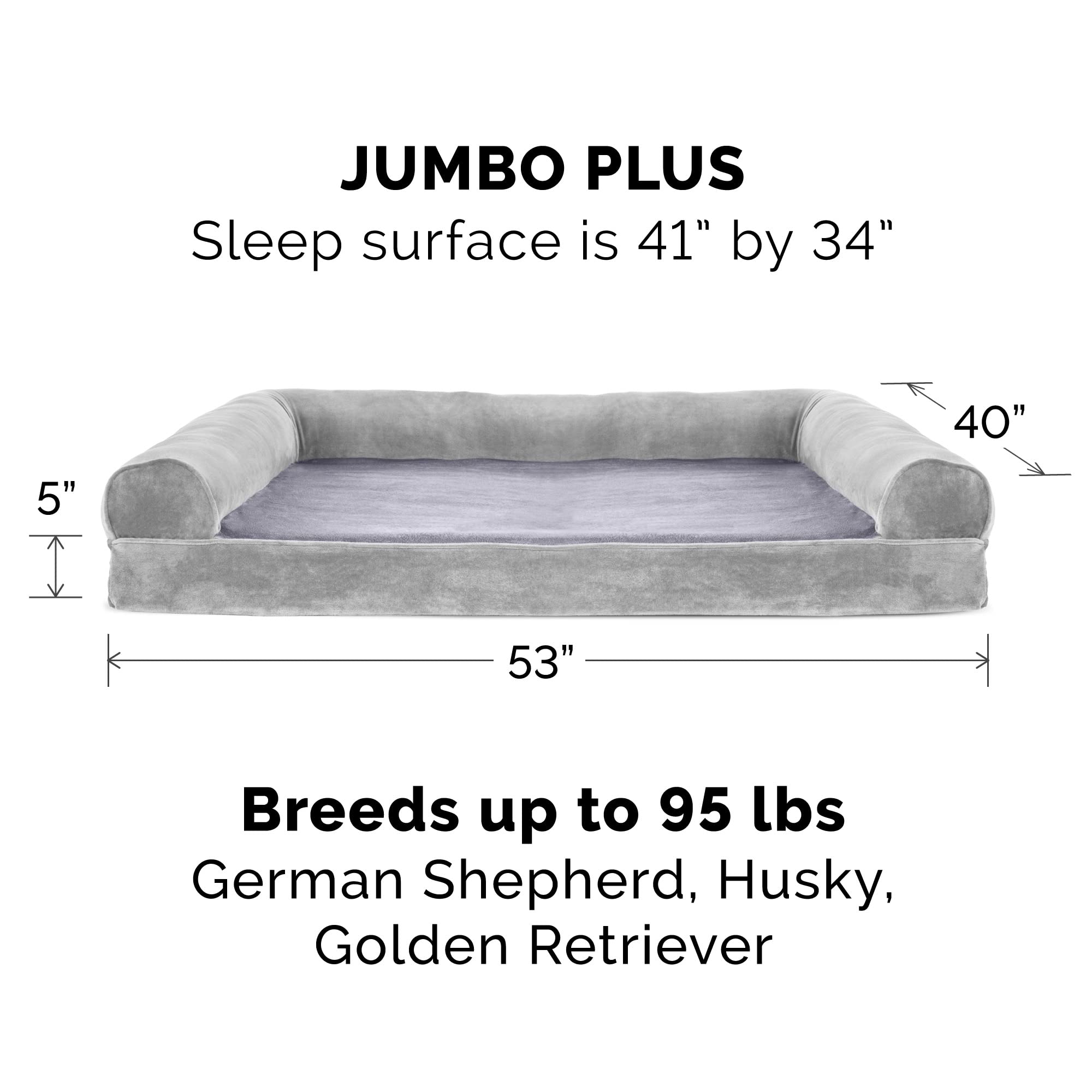 Furhaven Orthopedic Dog Bed For Large Dogs W/ Removable Bolsters & Washable Cover, For Dogs Up To 125 Lbs - Faux Fur & Velvet Sofa - Smoke Gray, Jumbo Plus/Xxl