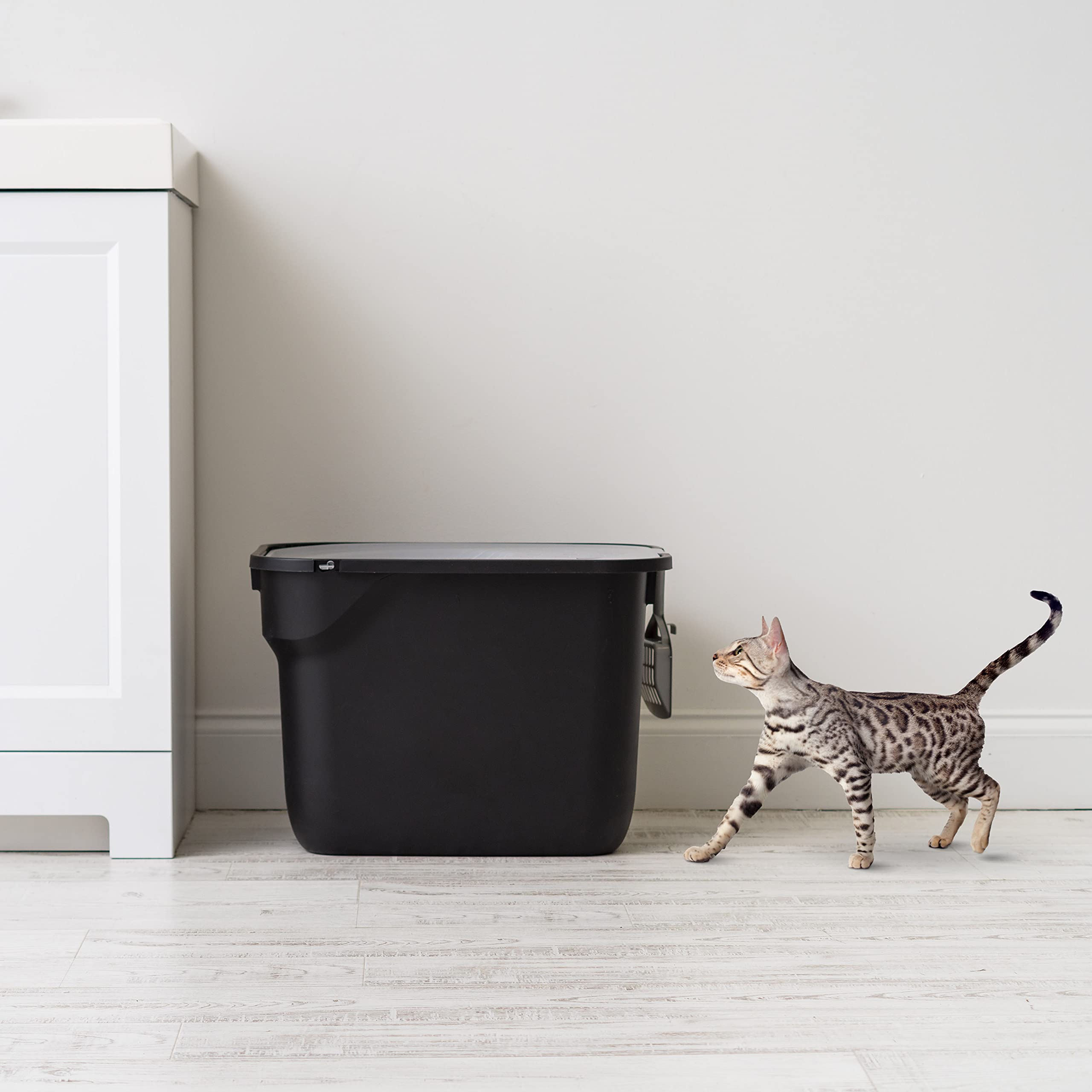 IRIS Square Top Entry Cat Litter Box - Large Plastic Tray with Litter Catching Lid, Black/Gray, Model 589653