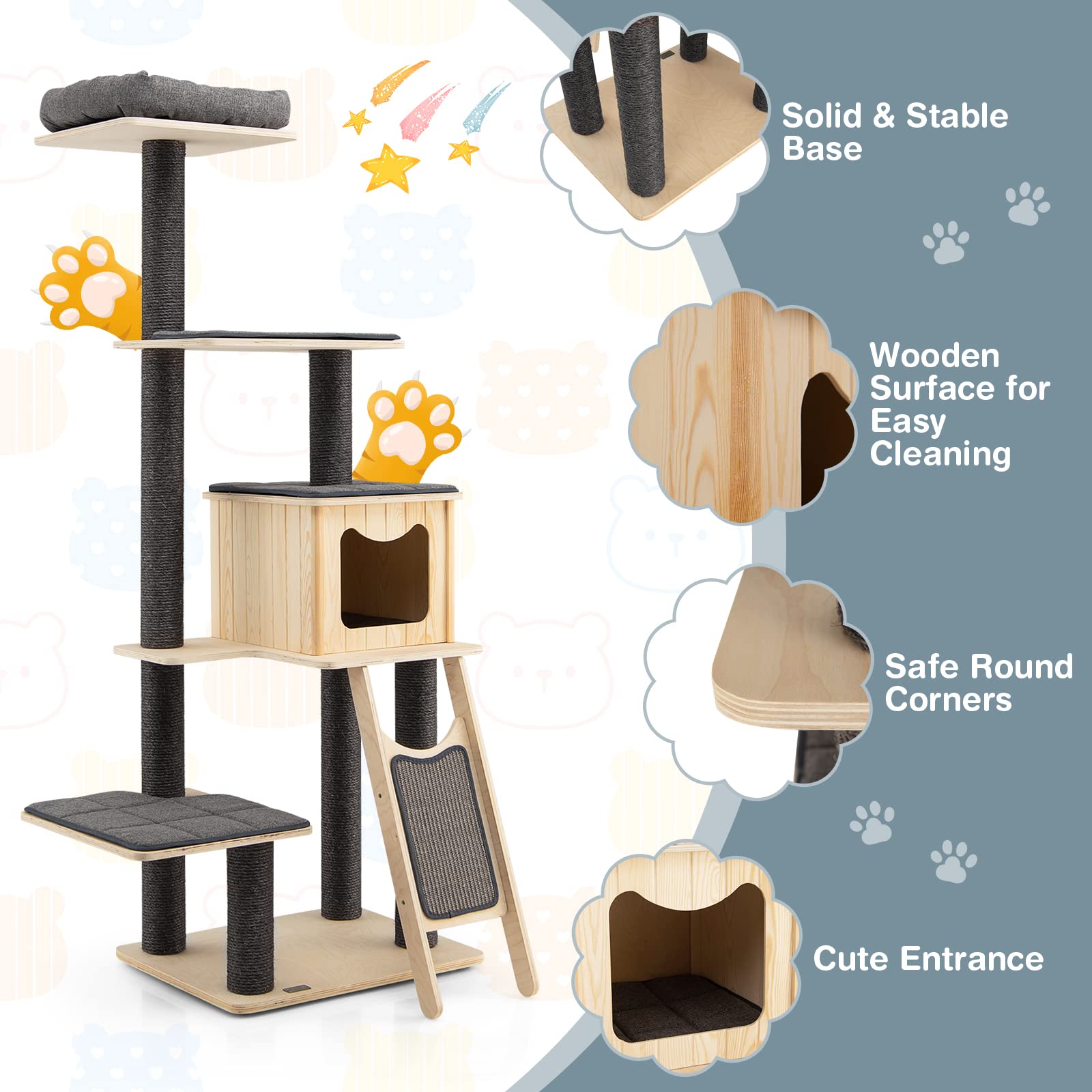 Petsite 69' Tall Wooden Cat Tree Tower, Modern Cat Activity Center Tree With Sisal Posts & Scratch Board, Condo & Top Perch For Kitchen & Large Cat, Grey