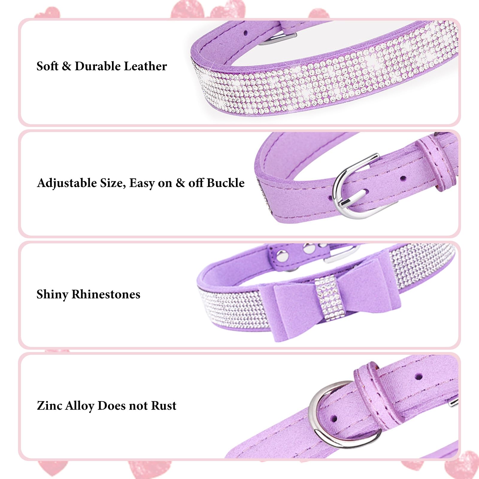 Purple Diamond Dog Collars For Medium Dogs, 2-Pack Bling Dog Collar Soft Suede Glitter Rhinestone Jewelry Crystal Female Puppy C