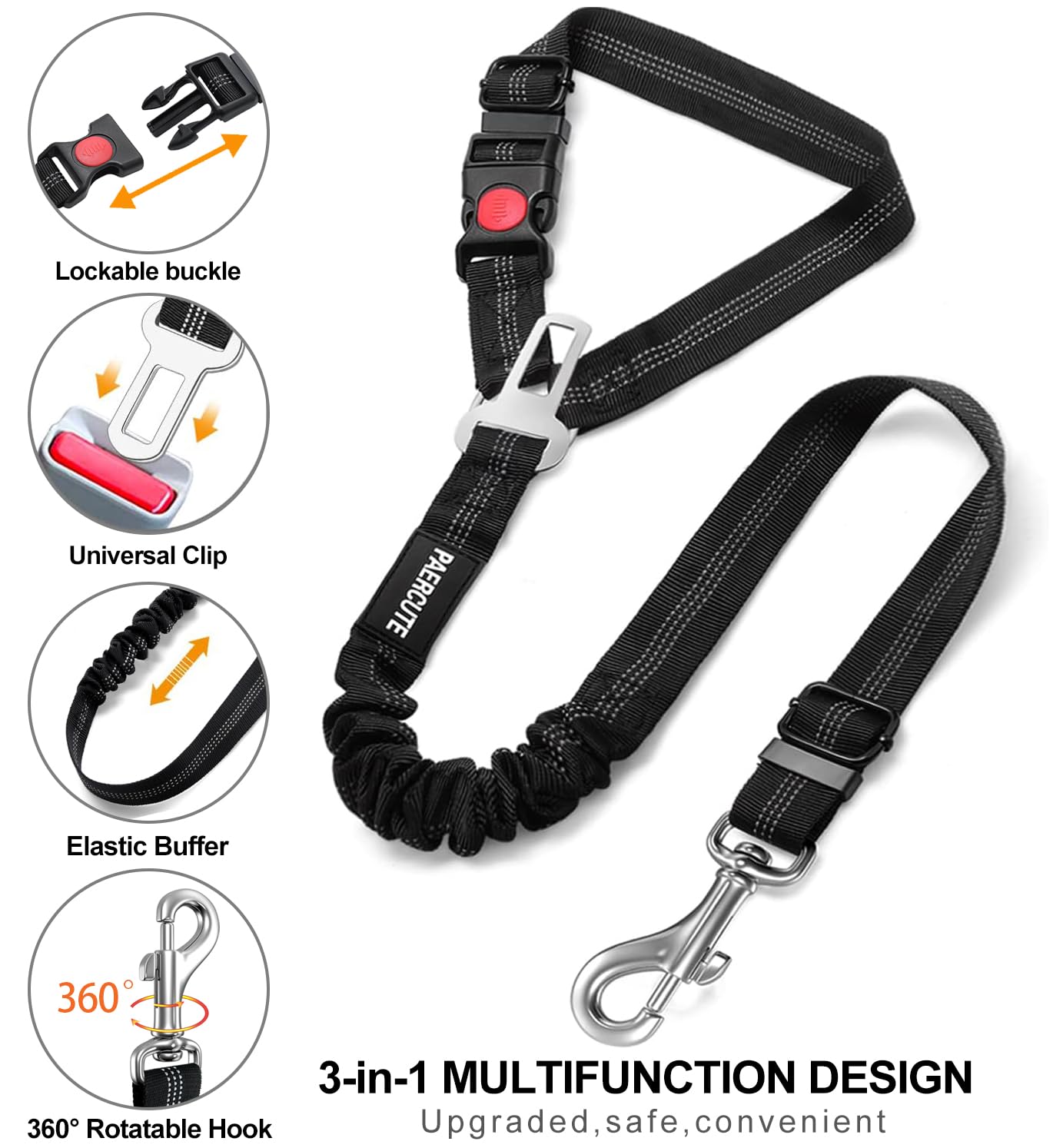 Paercute 3 Piece Dog Car Seat Belt Set, Adjustable Nylon Restraint, Universal Size, Heavy Duty, Black+Grey Blue, Model B-642