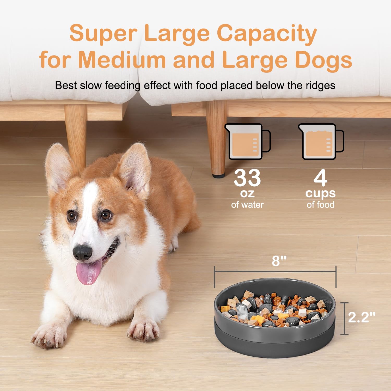 Sted Ceramic Slow Feeder Dog Bowl, Medium 8" Grey with Silicone Base, Perfect for Fast Eaters