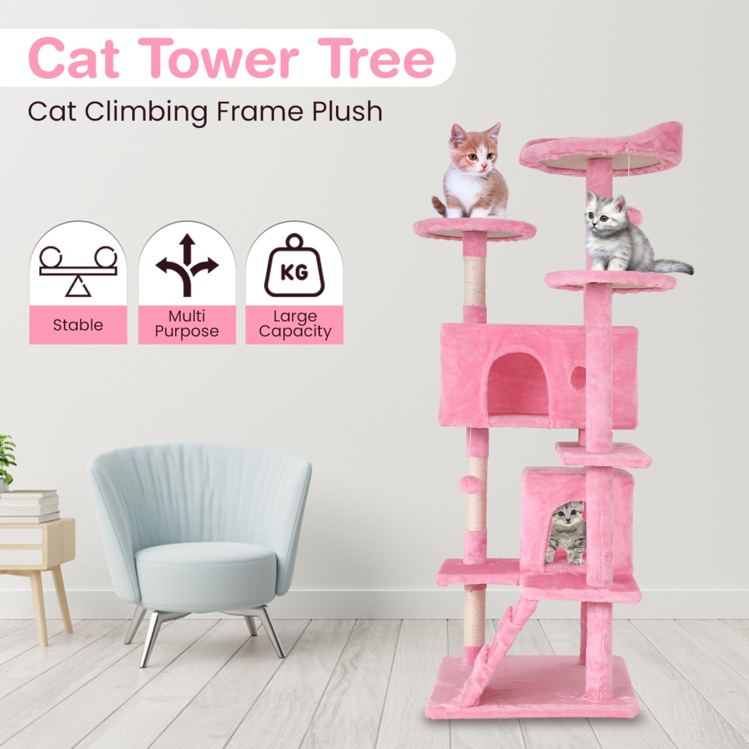 24/7 Shop At Home Court 54 Inch Multi-Level Cute Cat Tree Tower With Dangling Ball And Scratching Posts For Indoor Cats Adults,