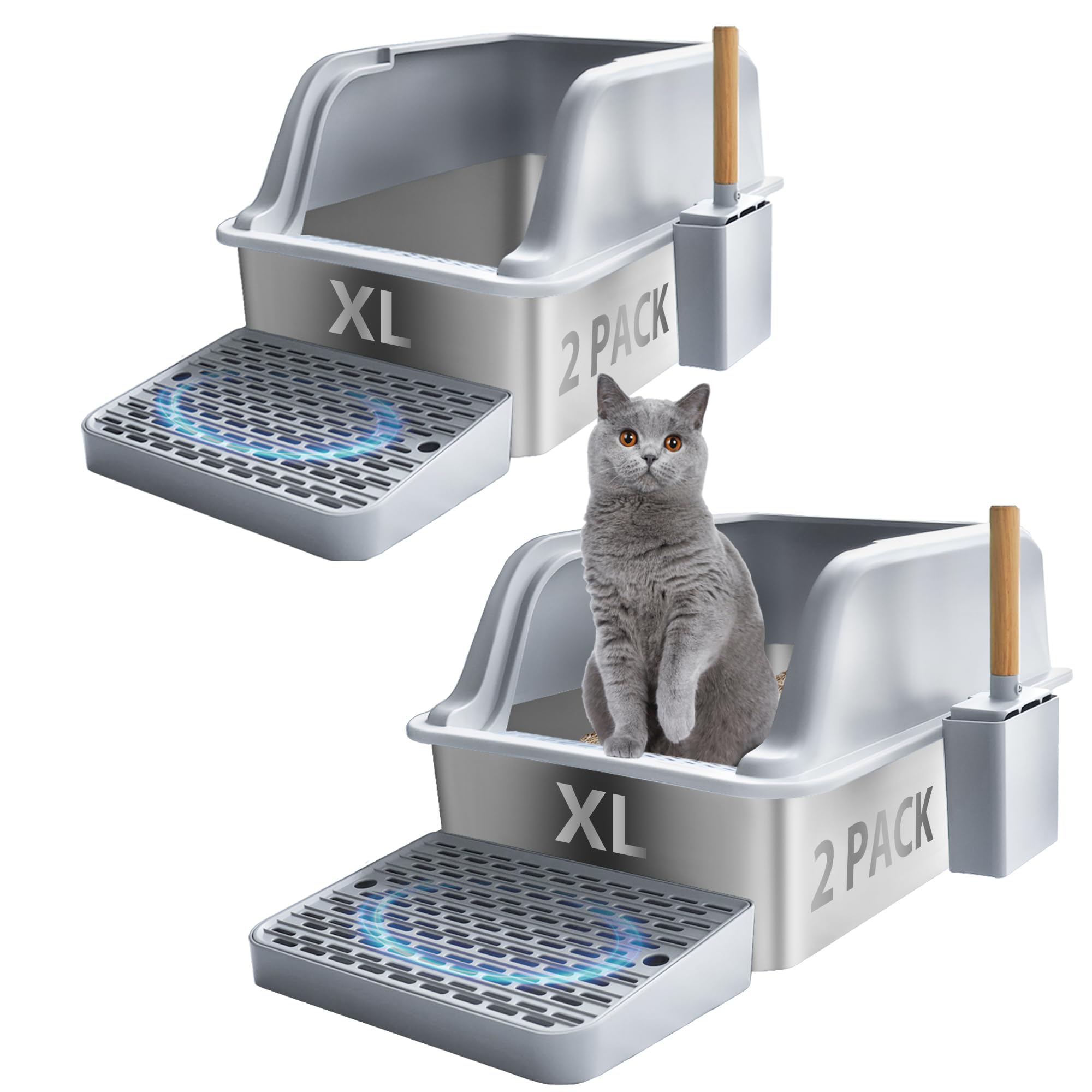 Lmebe 2 Pack Xl Large Enclosed Jumbo Stainless Steel Cat Litter Box,Kitty Metal Litter Box With Lid Footboard Litter Scoop Non-S