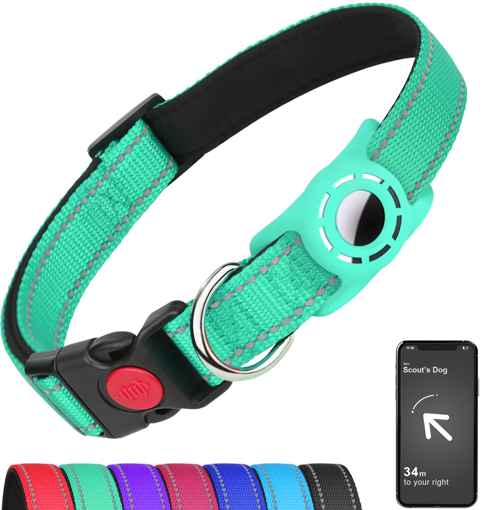 Erbine Airtag Dog Collar For Small Dogs, Reflective Dog Collars With Airtag Holder, Soft Padded & Safety Locking Buckle, Nylon Pet Collar Adjustable For All Breeds, Teal