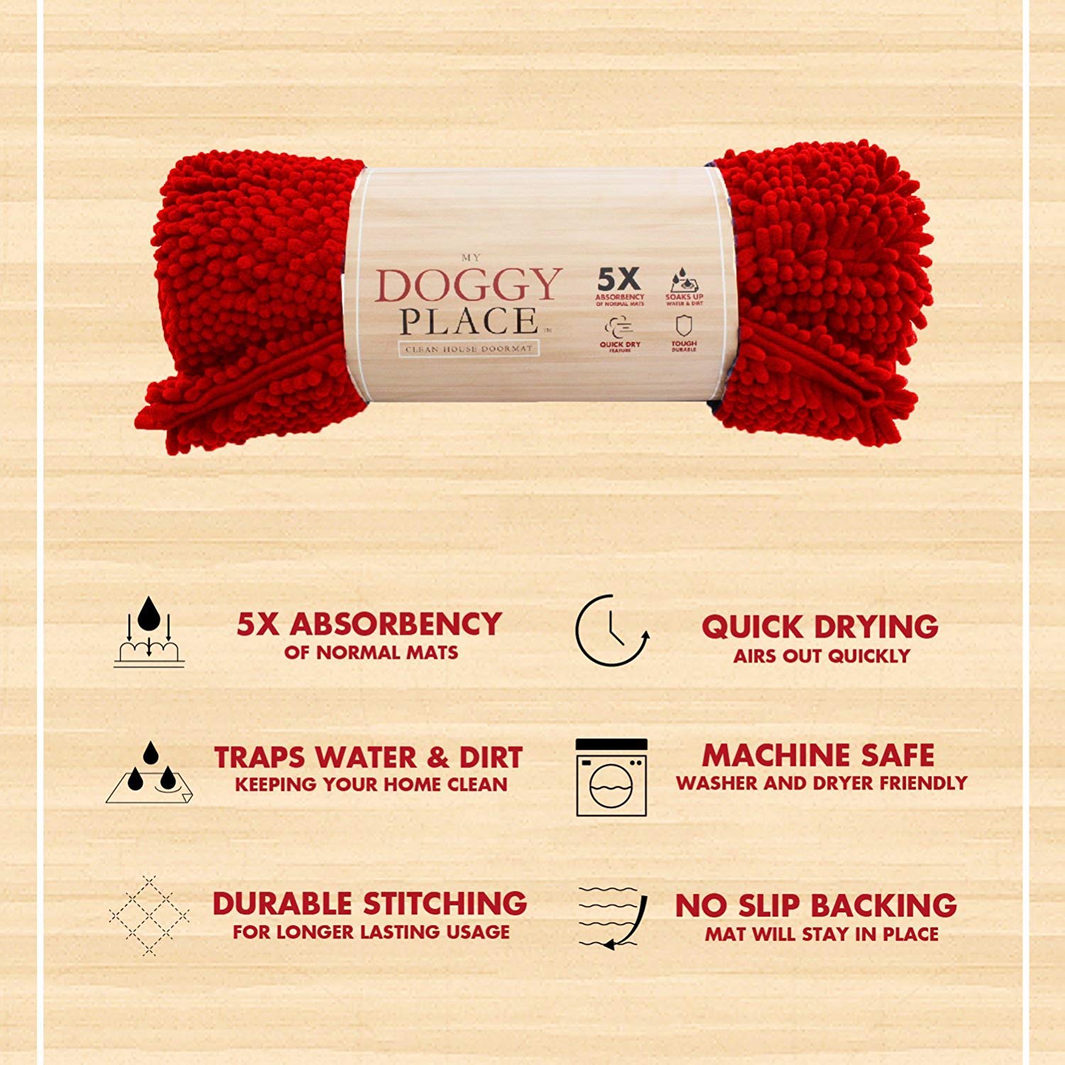 My Doggy Place Microfiber Dog Mat for Muddy Paws, 36 x 26 Red - Absorbent and Quick-Drying Dog Paw Cleaning Mat, Washer and Drye