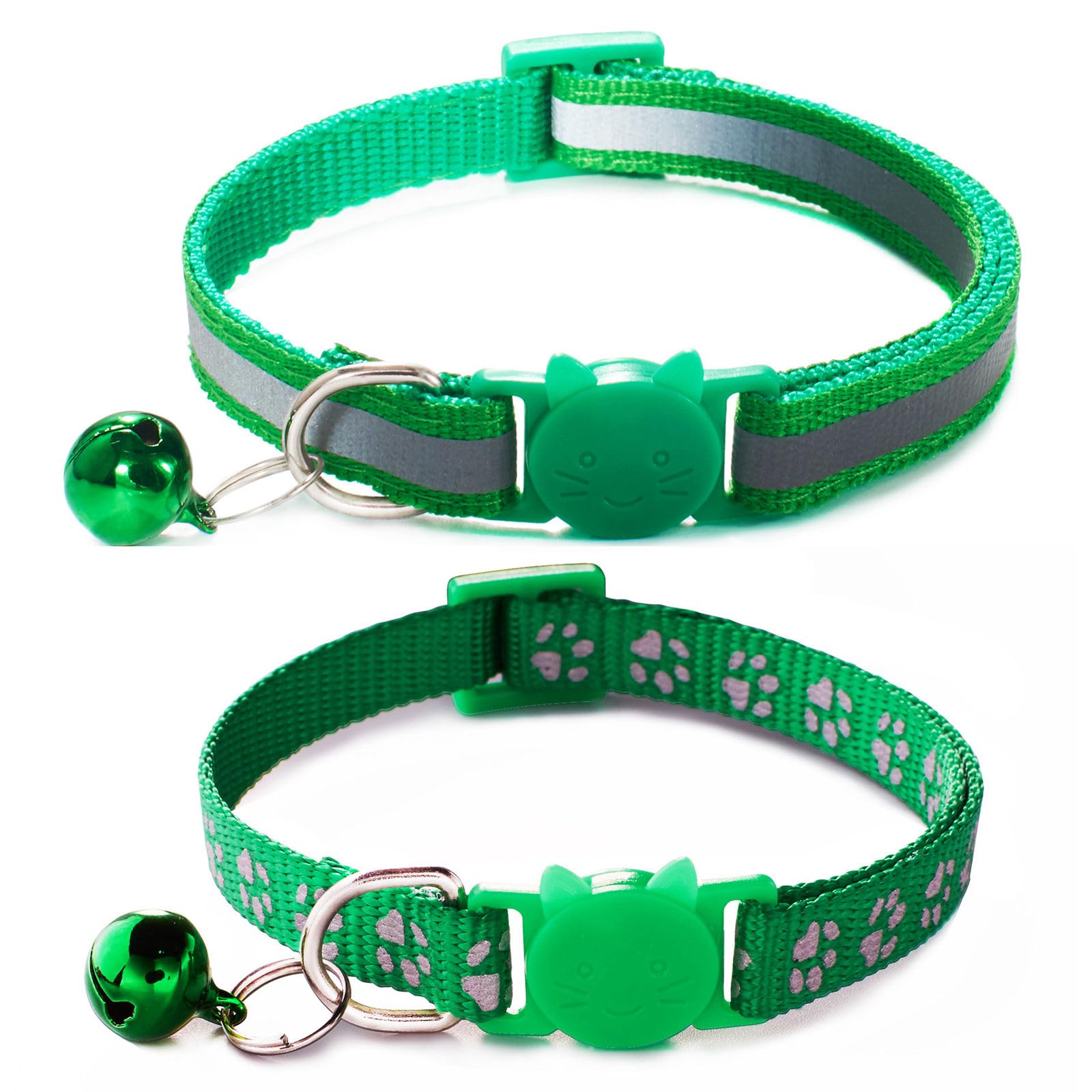 Green Cat Collars With Bells, [2 Pack] Break Away Cat Collar With Bells, Reflective Kitten Collar Breakaway For Boy Pet Cats Kit