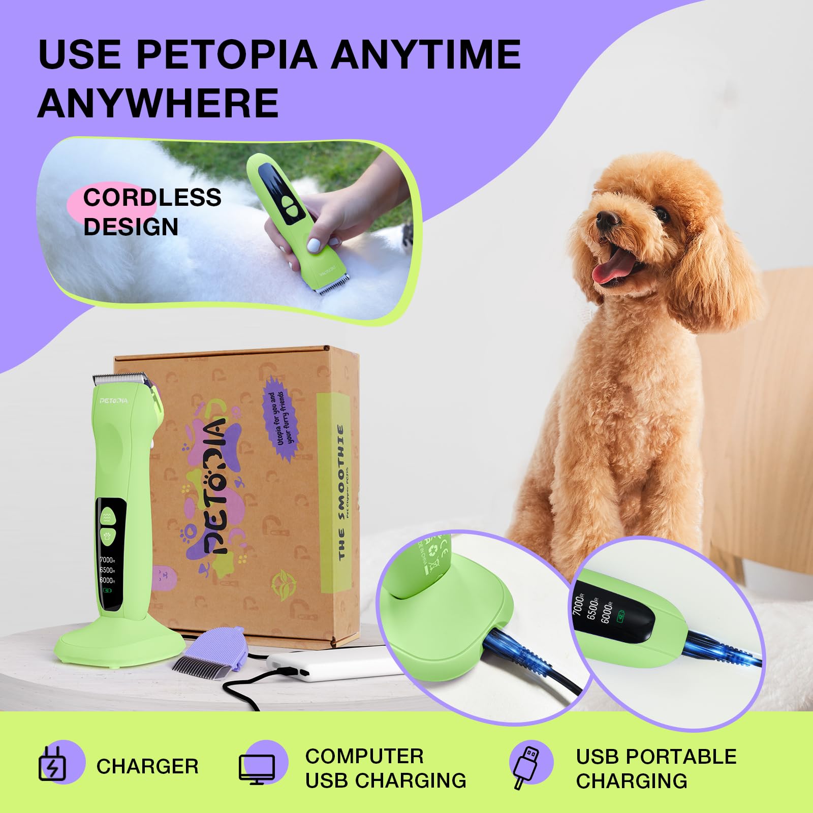 Petopia Dog Clippers - Low Noise Rechargeable Grooming Kit, Cordless with 9mm Blade, Green, Model PC215
