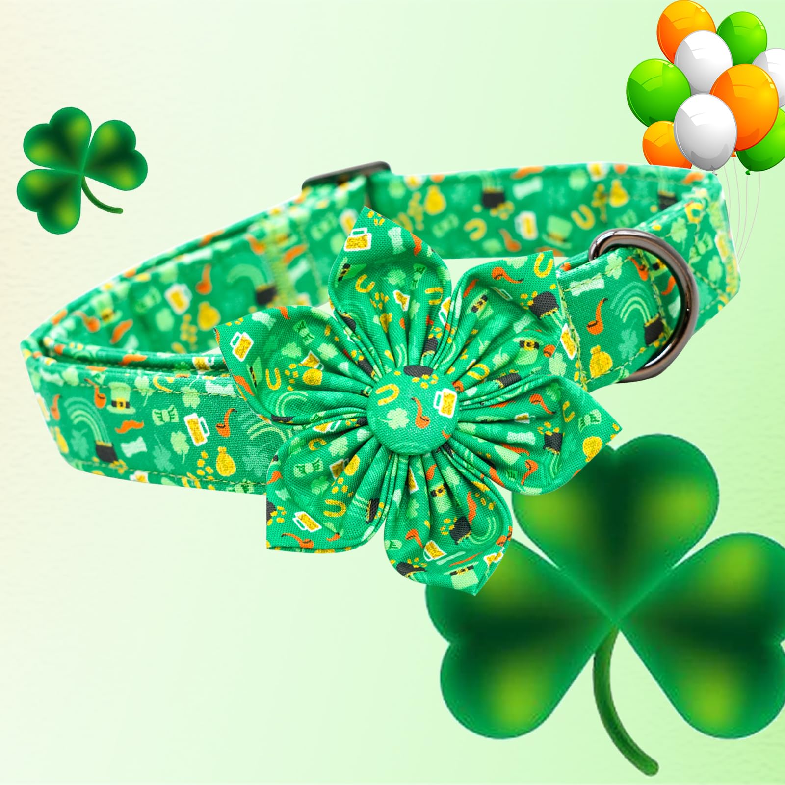 Lionheart Glory St. Patrick'S Day Collar With Flower Bows For X-Large Dogs, Green Lucky Clover Shamrock Collar