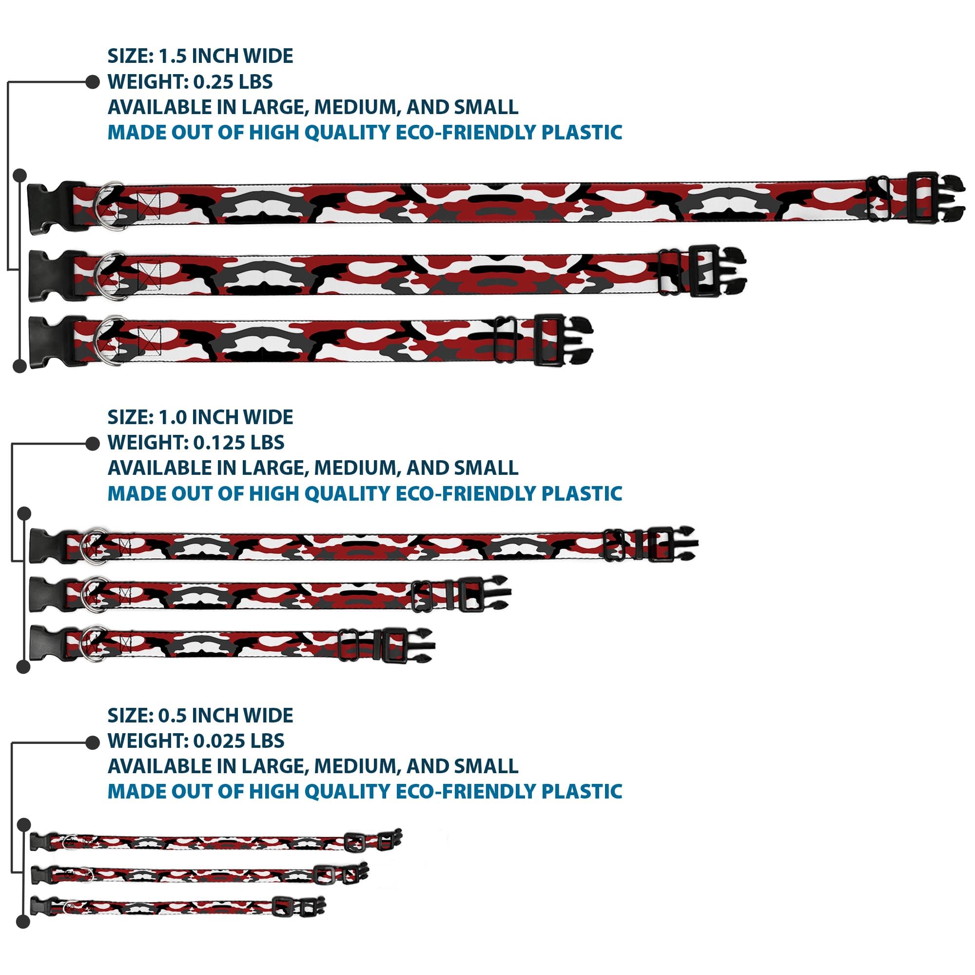Buckle-Down Dog Collar Plastic Clip Camo Red Black Gray White 9 To 15 Inches 0.5 Inch Wide