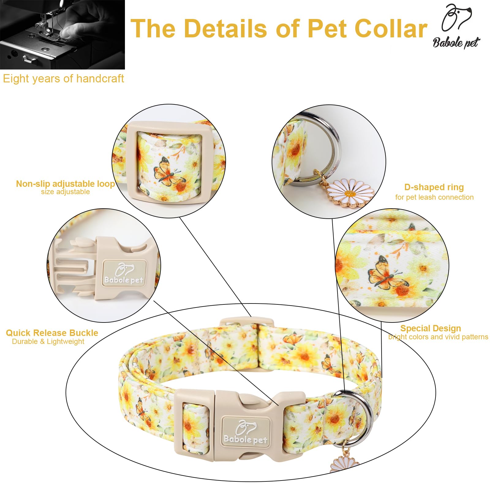 Babole Pet Adjustable Floral Dog Collar, Yellow Sunflower&Butterfly Dog Collars For Puppy & Tiny Dogs, Lightweight Quick-Release