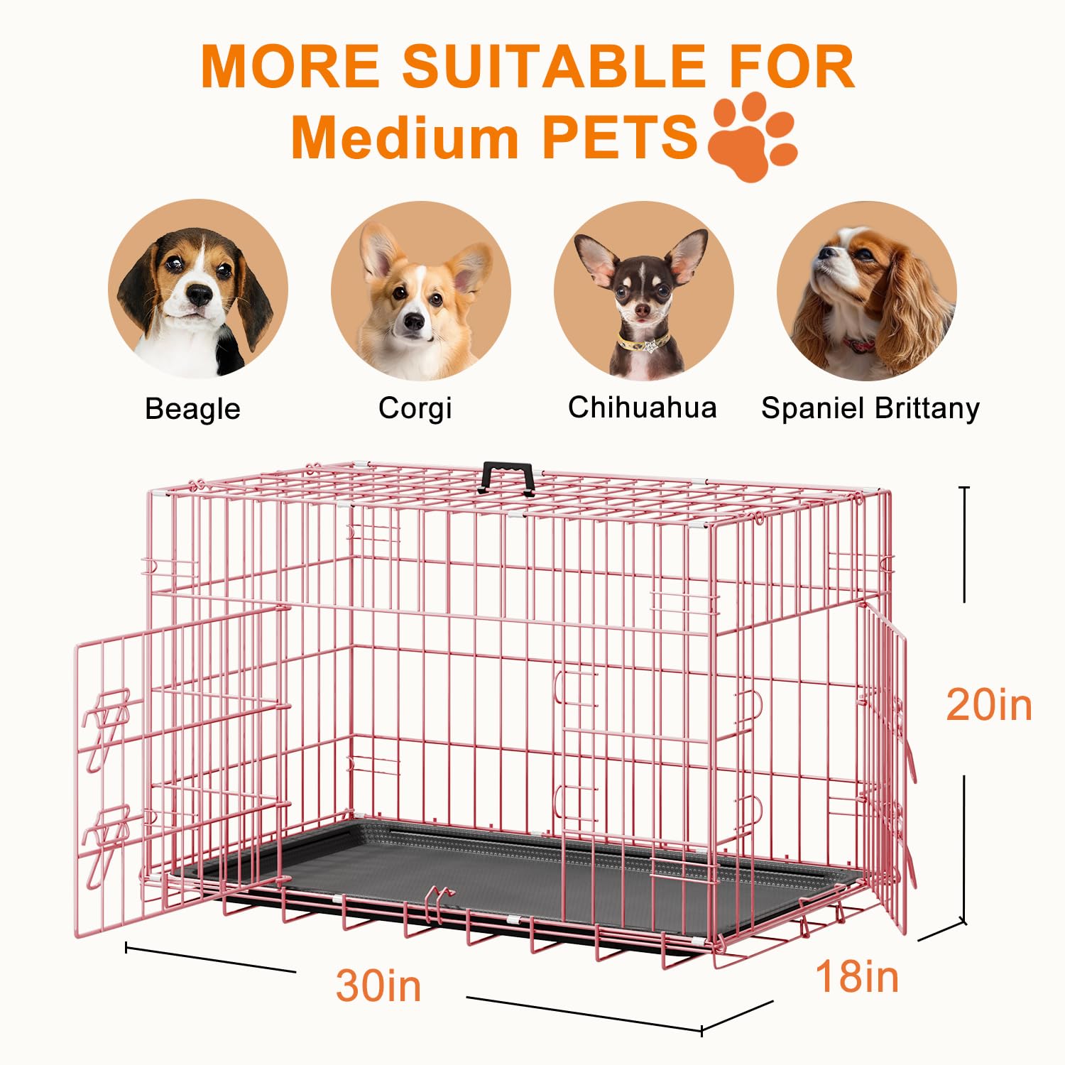 FDW Dog Crate - 30" Metal Folding Cage with Plastic Tray for Small/Medium Dogs, Pink