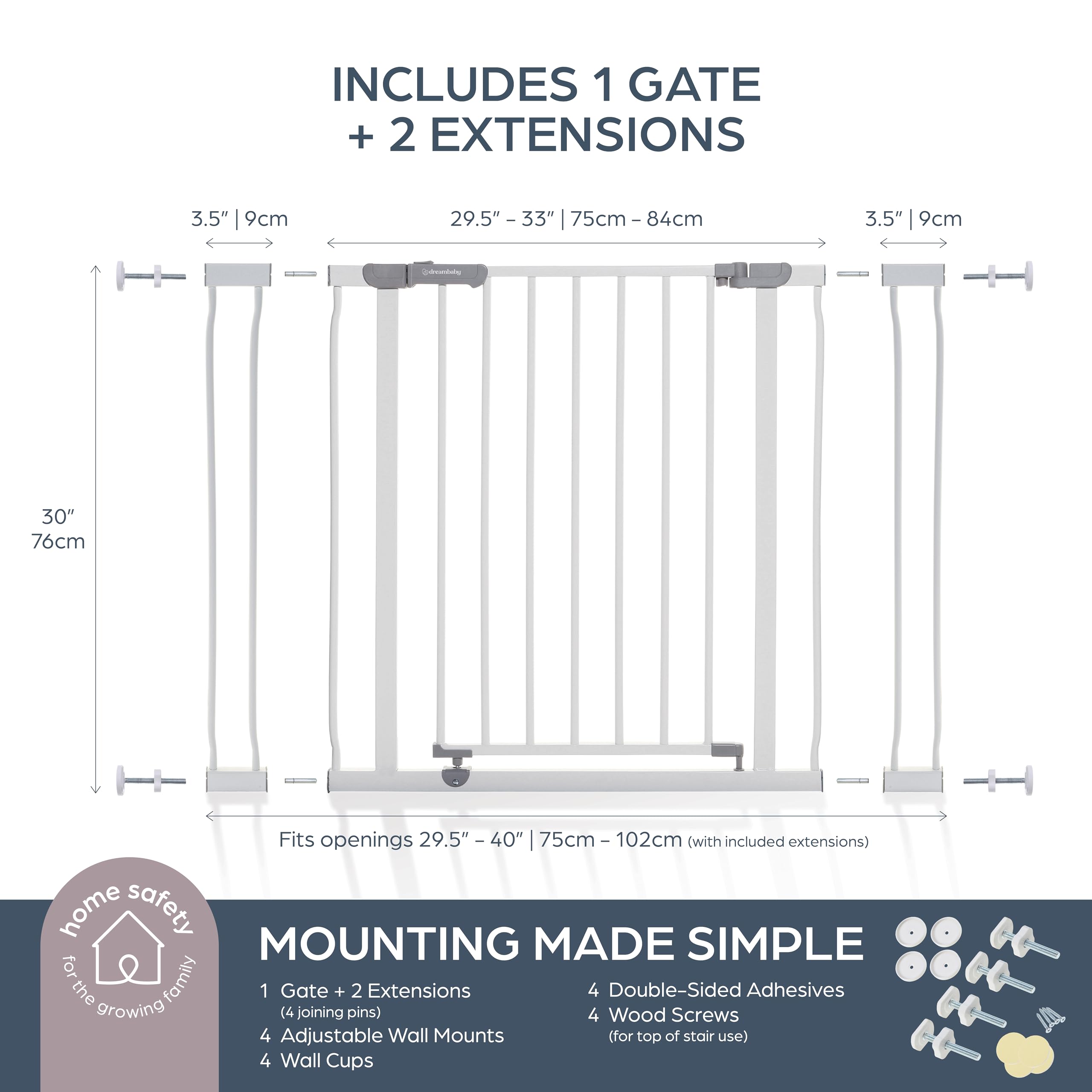 Dreambaby Ava Extra Wide Baby Gate, 29.5"-40", White Metal, Easy Install, Model L2097BB - Ideal for Stairs, Doorways & Hallways