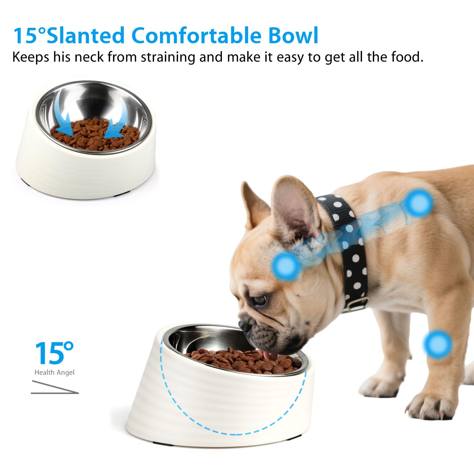 Uppetly Tilted Angle Dog Bowl, 15 Slanted Stainless Steel Dog Cat Food Bowl, Non-Slip & Non-Spill Pet Feeder with Elevated Detac